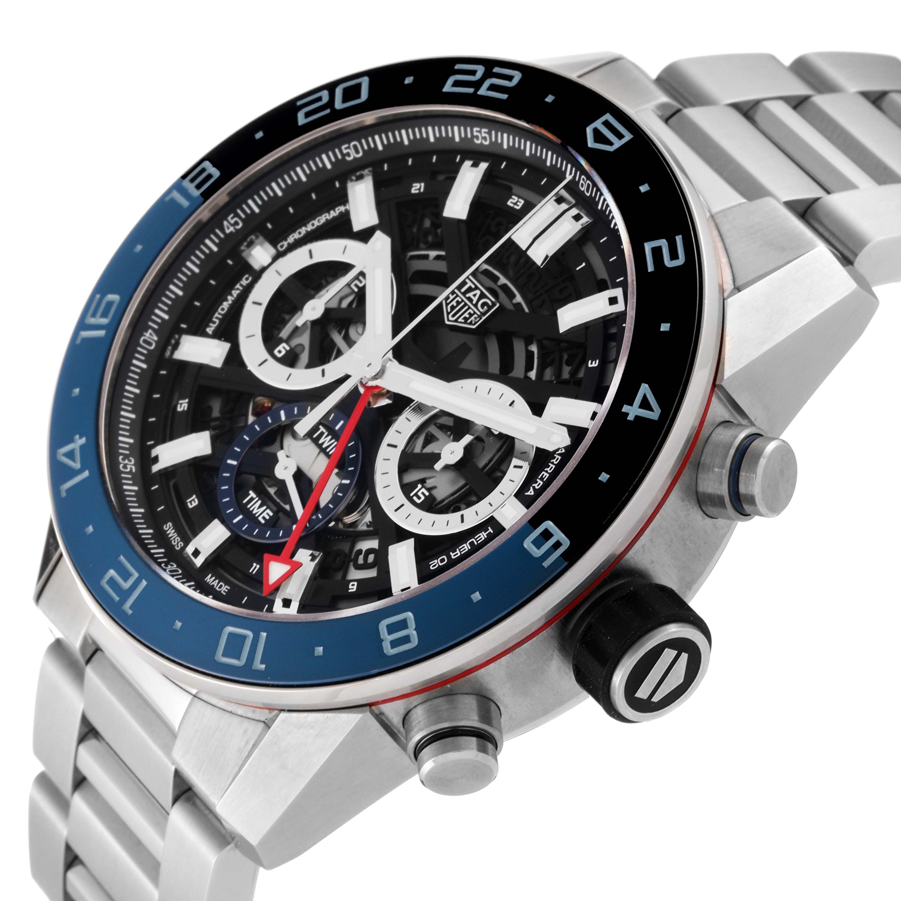 The image shows a close-up of the Tag Heuer Carrera CBG2A1Z Men's Stainless Steel Black Dial CBG2A1Z Men's Stainless Steel Black Dial watch, highlighting the dial, bezel, and part of the stainless steel bracelet.