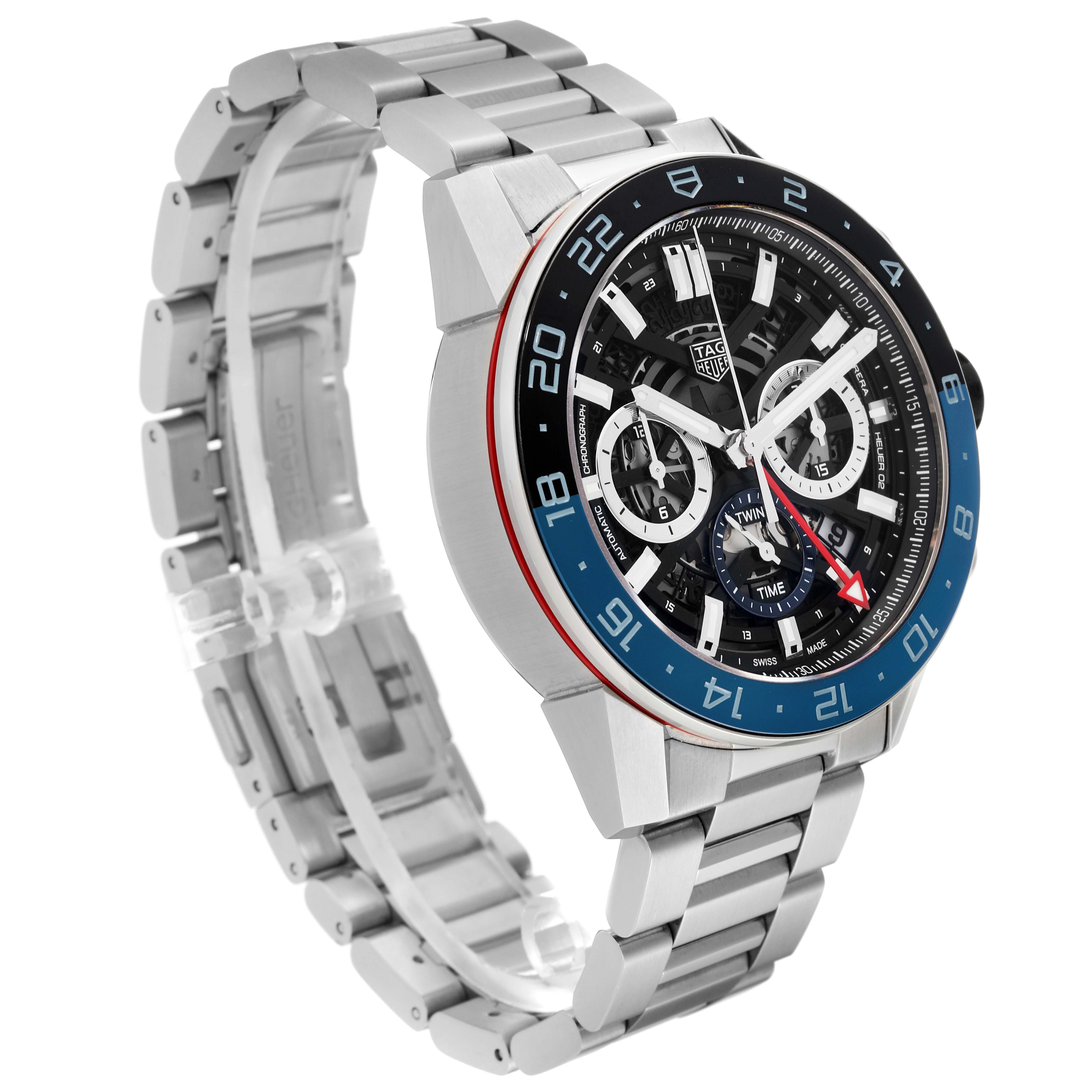 The image shows a Tag Heuer Carrera CBG2A1Z Men's Stainless Steel Black Dial CBG2A1Z Men's Stainless Steel Black Dial watch at a 3/4 angle, highlighting its metal bracelet, bezel, and face.