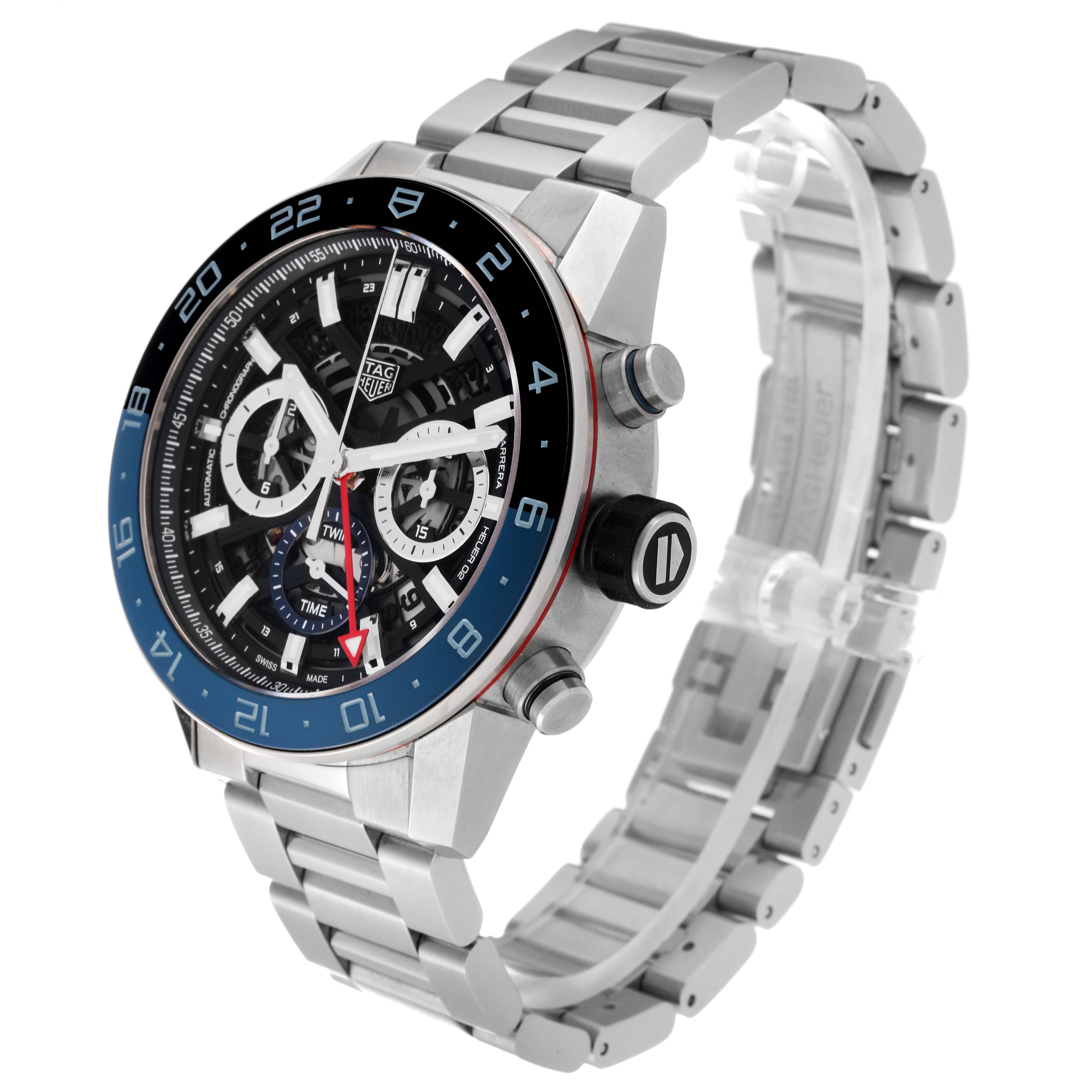 The image shows a Tag Heuer Carrera CBG2A1Z Men's Stainless Steel Black Dial CBG2A1Z Men's Stainless Steel Black Dial watch from an angled side view, highlighting the dial, bezel, crown, pushers, and metal bracelet.