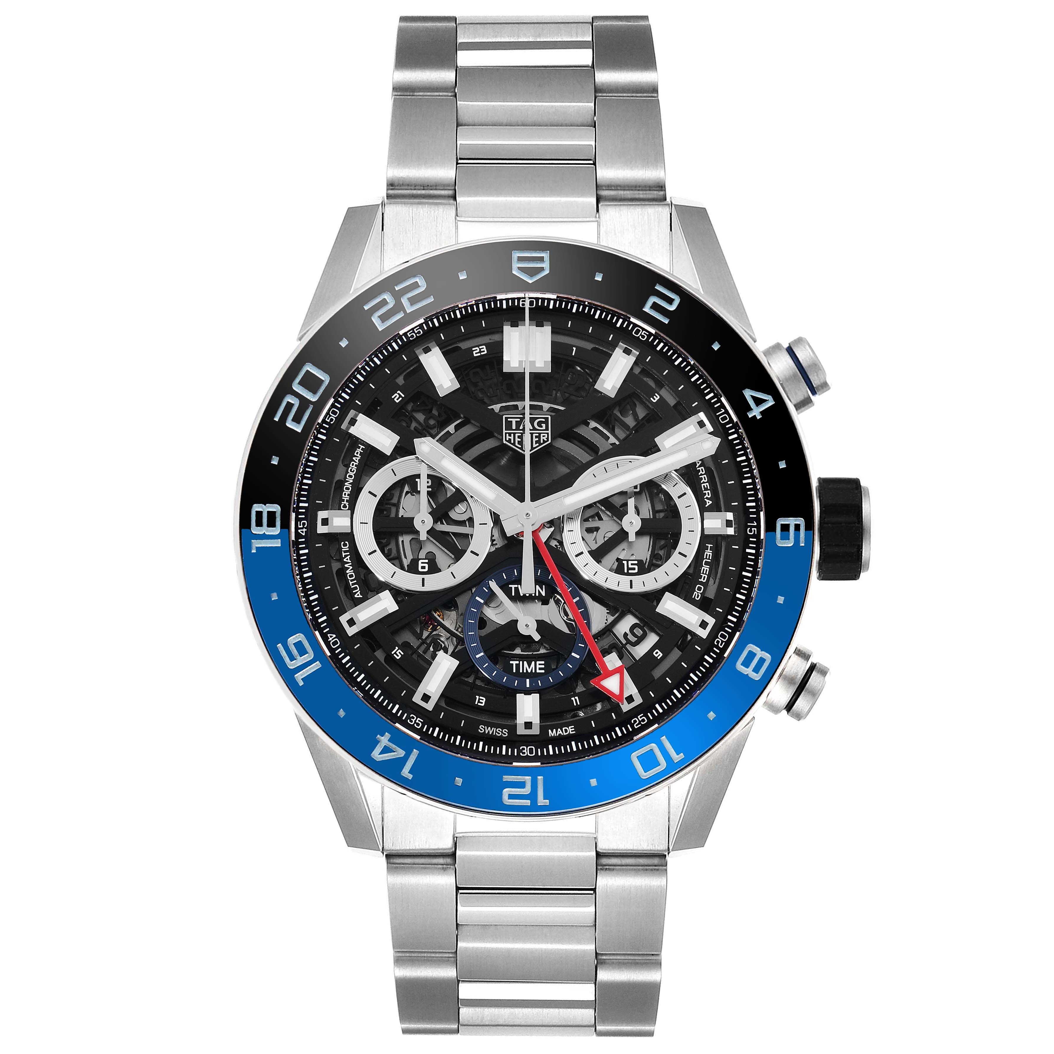 This is a frontal view of a Tag Heuer Carrera CBG2A1Z Men's Stainless Steel Black Dial CBG2A1Z Men's Stainless Steel Black Dial watch showing its face, bezel, and metal strap.