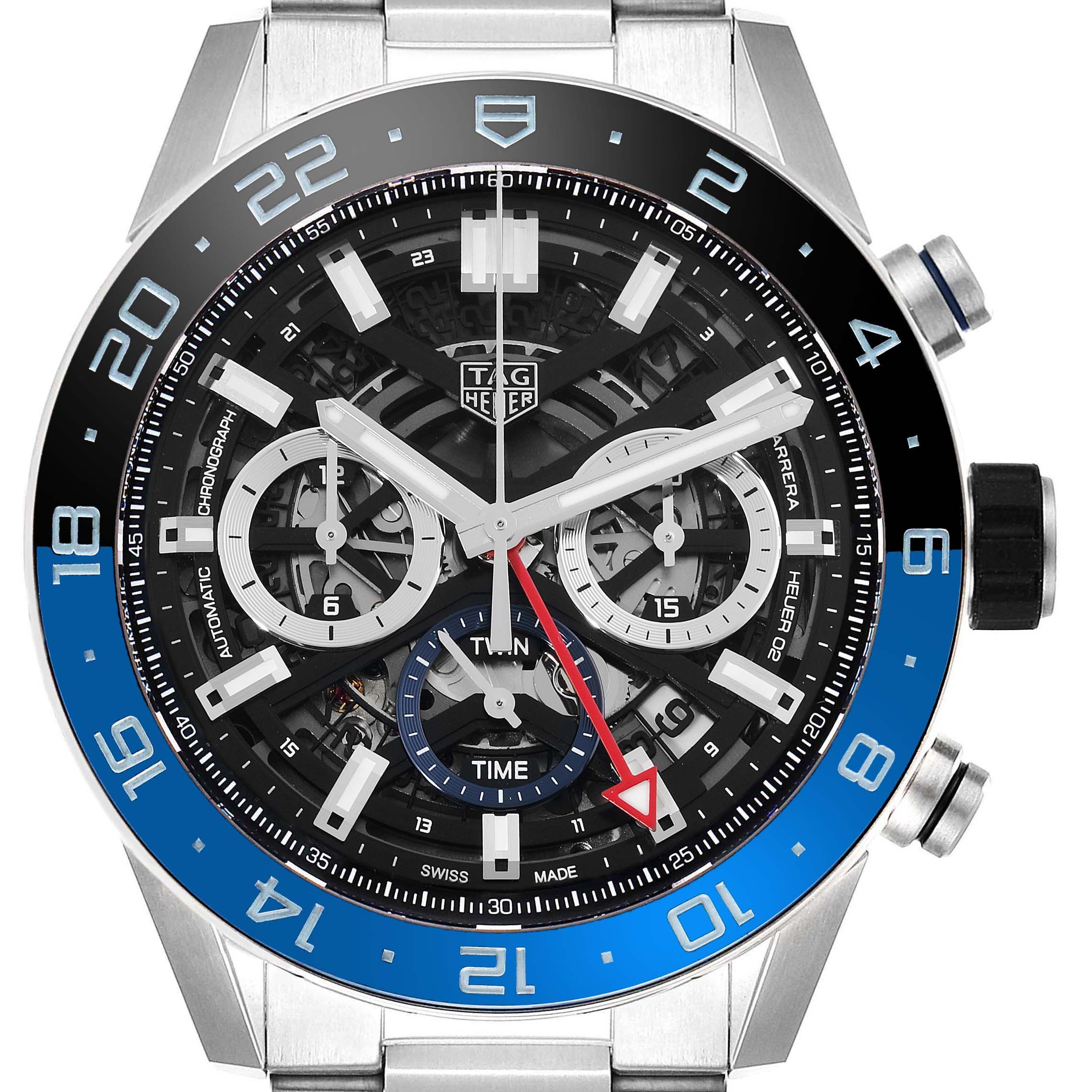 The image shows a front view of the Tag Heuer Carrera CBG2A1Z Men's Stainless Steel Black Dial CBG2A1Z Men's Stainless Steel Black Dial watch, highlighting its dial, subdials, and bezel.
