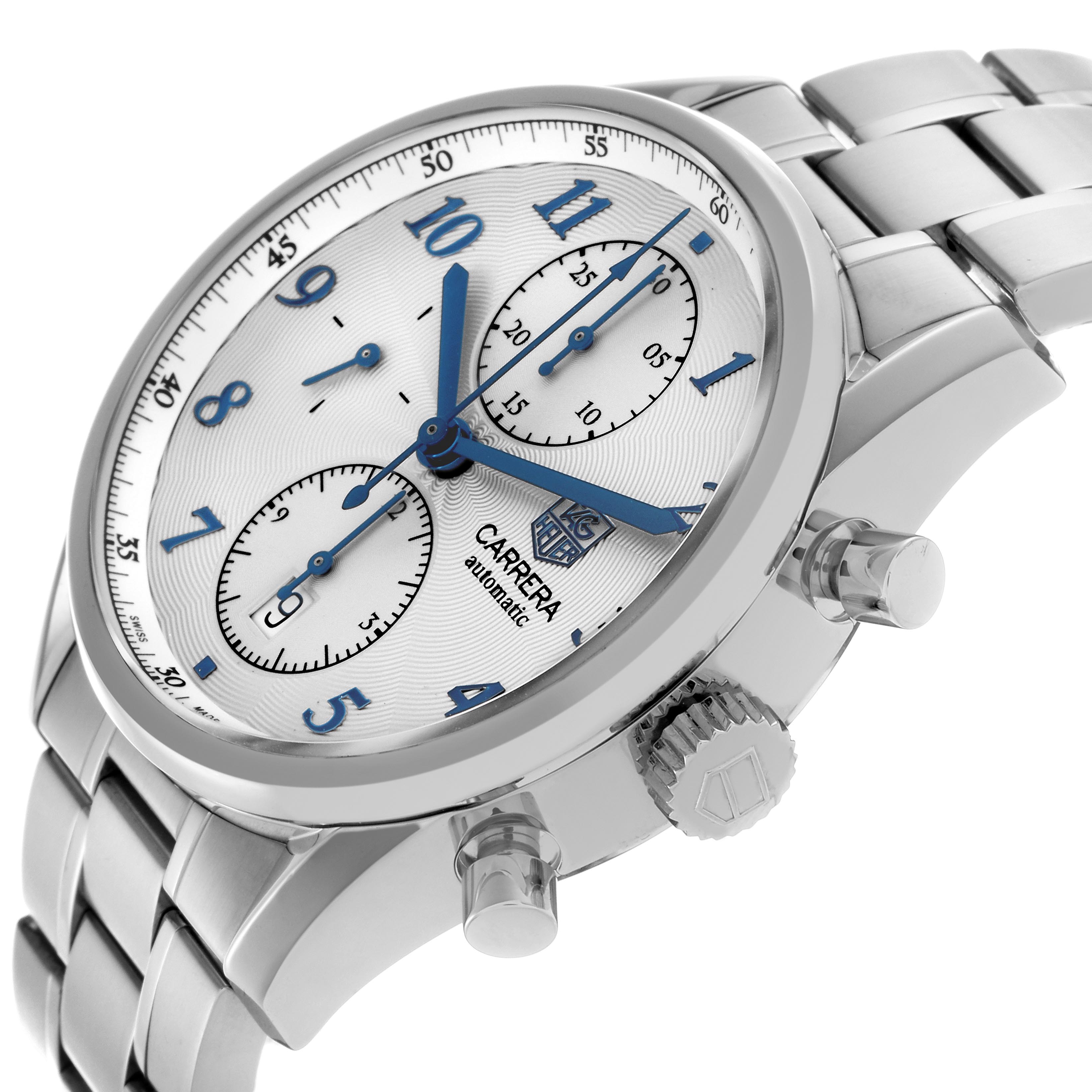 The Tag Heuer Carrera CAS2111 BA0730 Men
s Stainless Steel Silver Dial CAS2111 BA0730 Men
s Stainless Steel Silver Dial watch is shown at an angled side view, highlighting the face, chronograph dials, and metal bracelet.