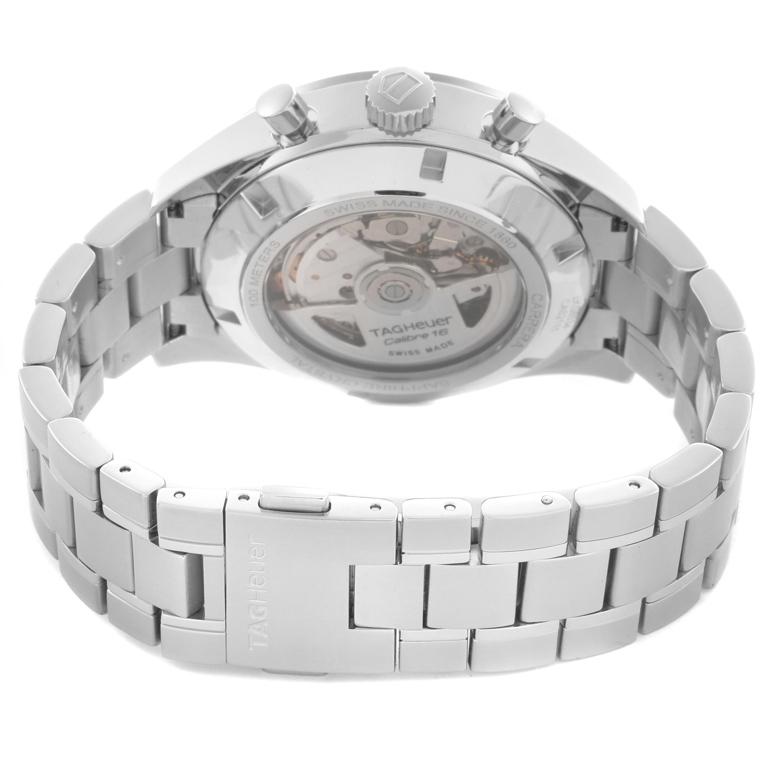The image shows the back view of a Tag Heuer Carrera CAS2111 BA0730 Men
s Stainless Steel Silver Dial CAS2111 BA0730 Men
s Stainless Steel Silver Dial watch, highlighting the case back and stainless steel bracelet.