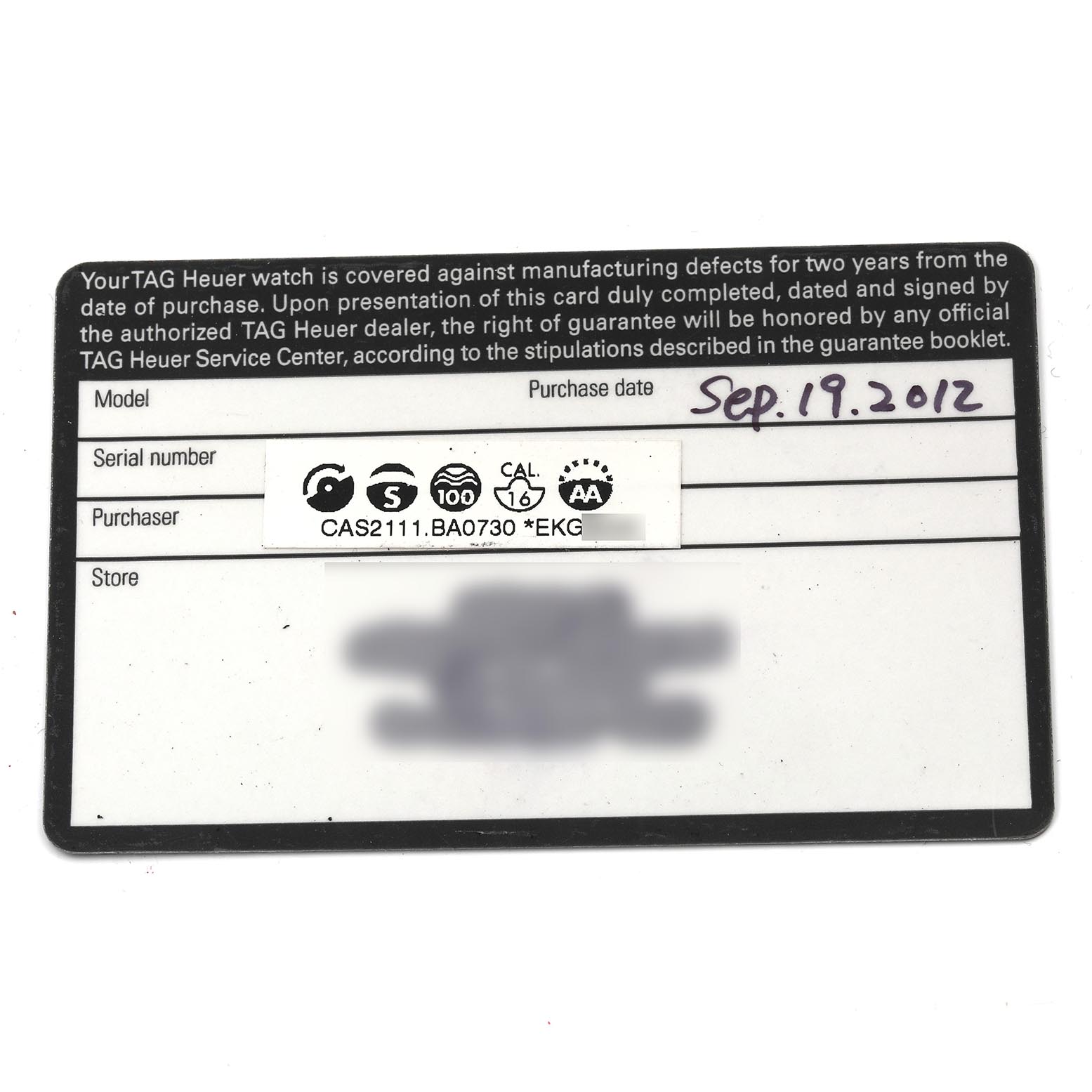 The image shows a warranty card for the Tag Heuer Carrera CAS2111 BA0730 Men
s Stainless Steel Silver Dial CAS2111 BA0730 Men
s Stainless Steel Silver Dial watch, featuring model, serial number, and purchase date details.