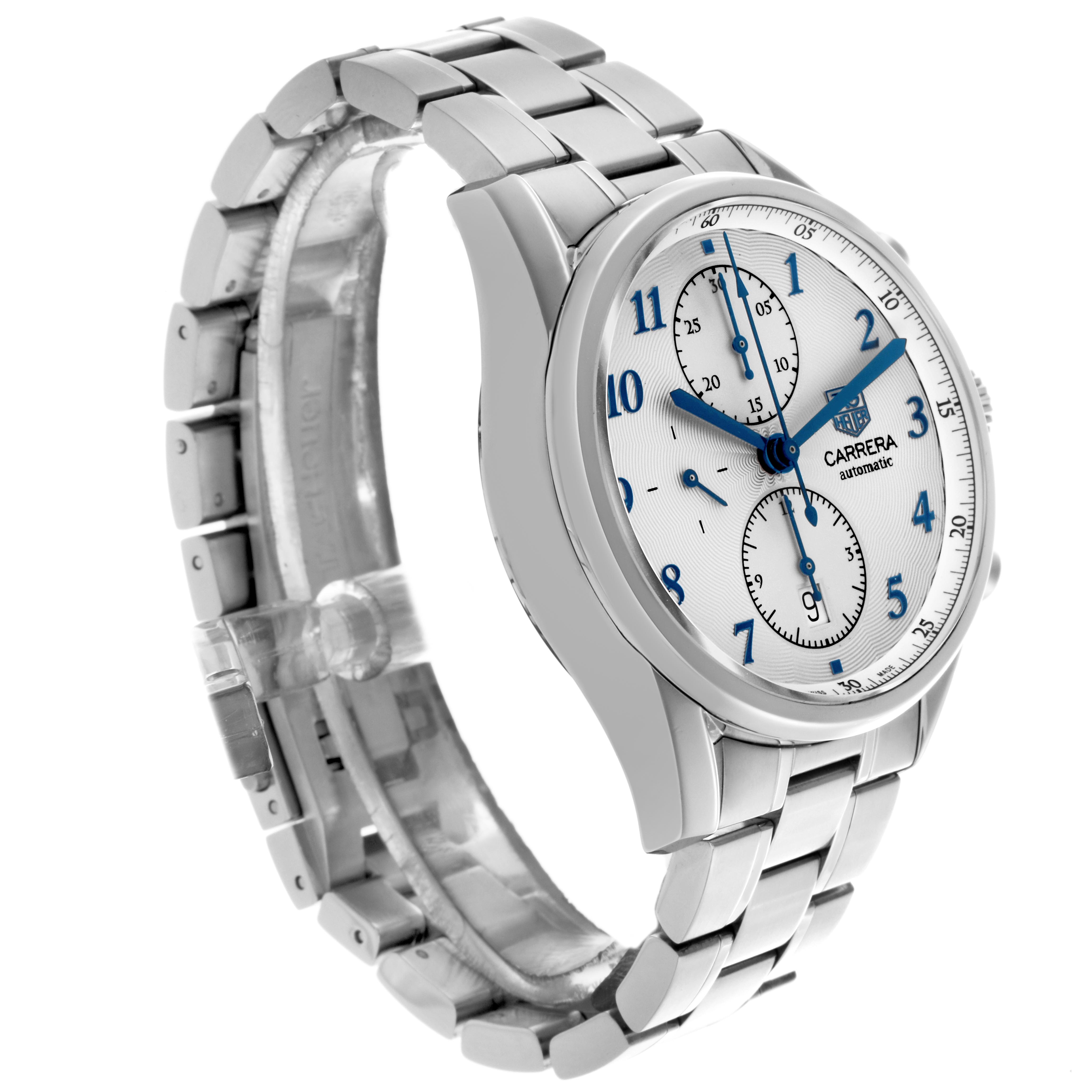 The Tag Heuer Carrera CAS2111 BA0730 Men
s Stainless Steel Silver Dial CAS2111 BA0730 Men
s Stainless Steel Silver Dial watch is shown at a three-quarter angle, displaying the face and stainless steel bracelet.