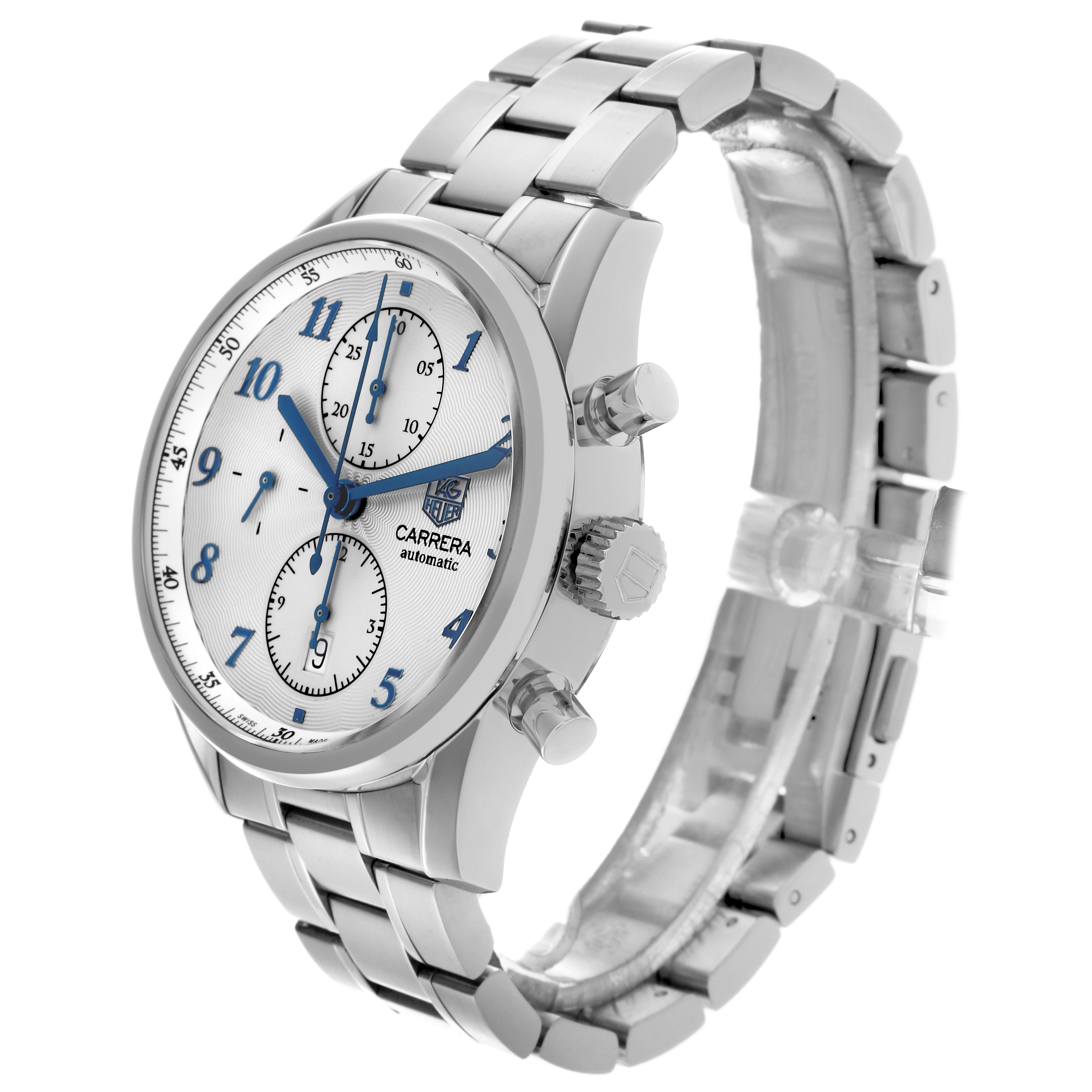 The Tag Heuer Carrera CAS2111 BA0730 Men
s Stainless Steel Silver Dial CAS2111 BA0730 Men
s Stainless Steel Silver Dial watch is shown at a three-quarter angle, displaying the face, crown, pushers, and stainless steel bracelet.