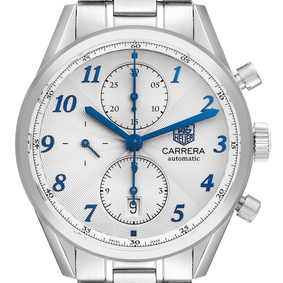 The Tag Heuer Carrera watch is shown from a front angle, highlighting its face, dial, crown, and part of the bracelet.