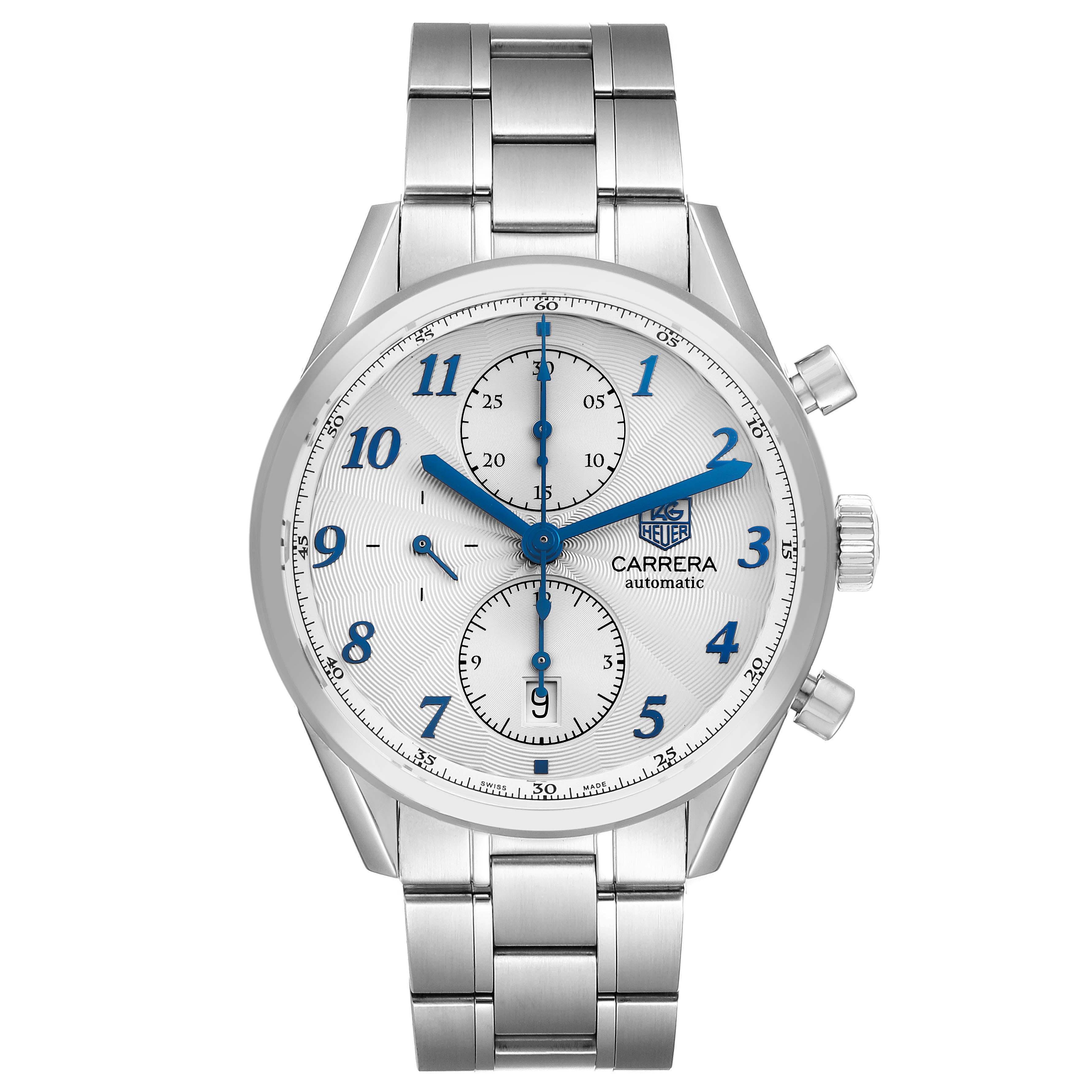 The Tag Heuer Carrera CAS2111 BA0730 Men
s Stainless Steel Silver Dial CAS2111 BA0730 Men
s Stainless Steel Silver Dial watch is shown from a front angle, highlighting its dial, bezel, and bracelet.