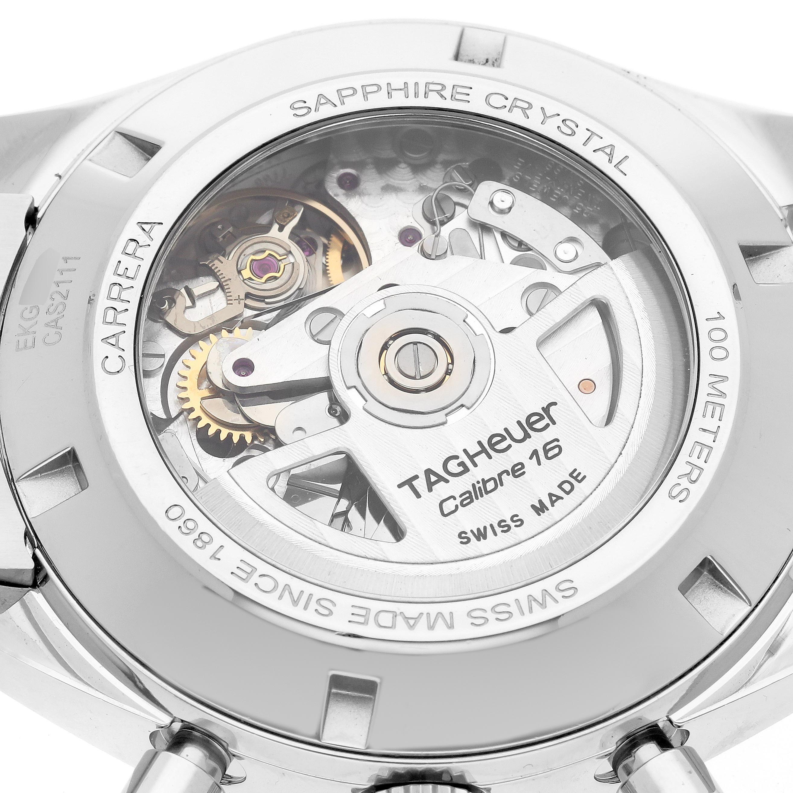 The image shows the back of a Tag Heuer Carrera CAS2111 BA0730 Men
s Stainless Steel Silver Dial CAS2111 BA0730 Men
s Stainless Steel Silver Dial watch, highlighting the Calibre 16 movement through a sapphire crystal case back.