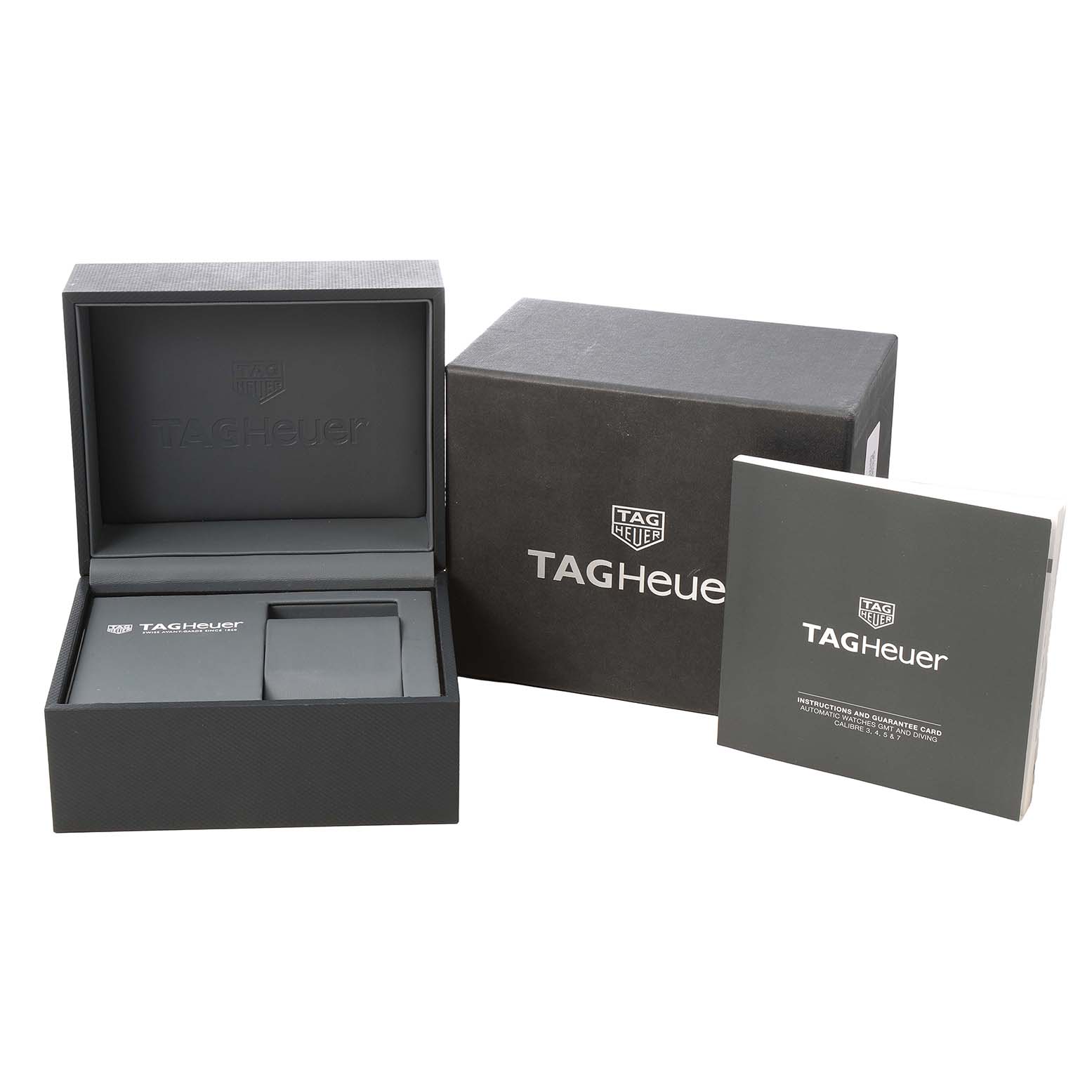 The image shows an open Tag Heuer Carrera CAR2A5B.FT6044 Men's Rose Gold Black Dial watch box with packaging and an instruction manual.