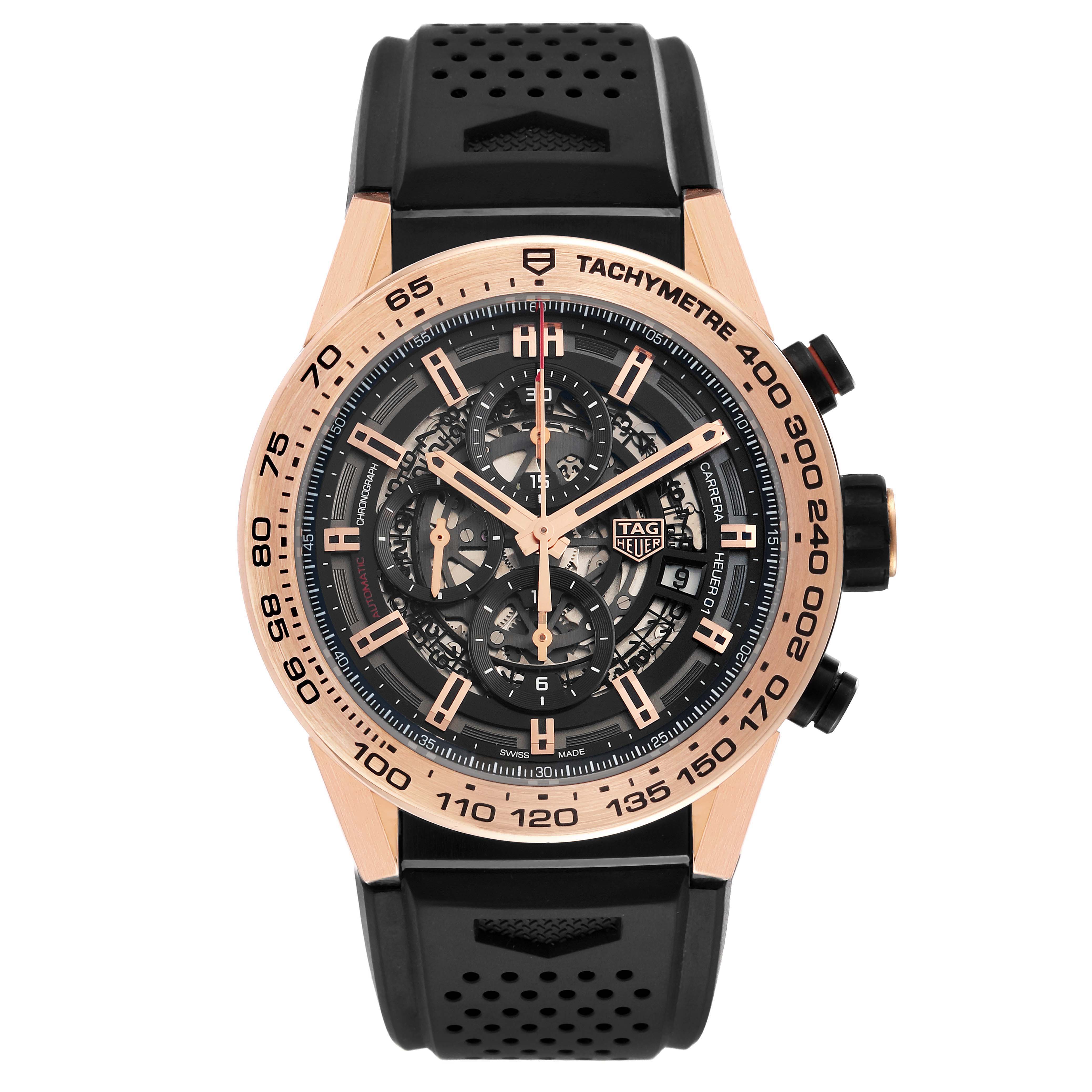 The Tag Heuer Carrera CAR2A5B.FT6044 Men's Rose Gold Black Dial watch is shown from the front, highlighting its dial, tachymeter bezel, and black strap.