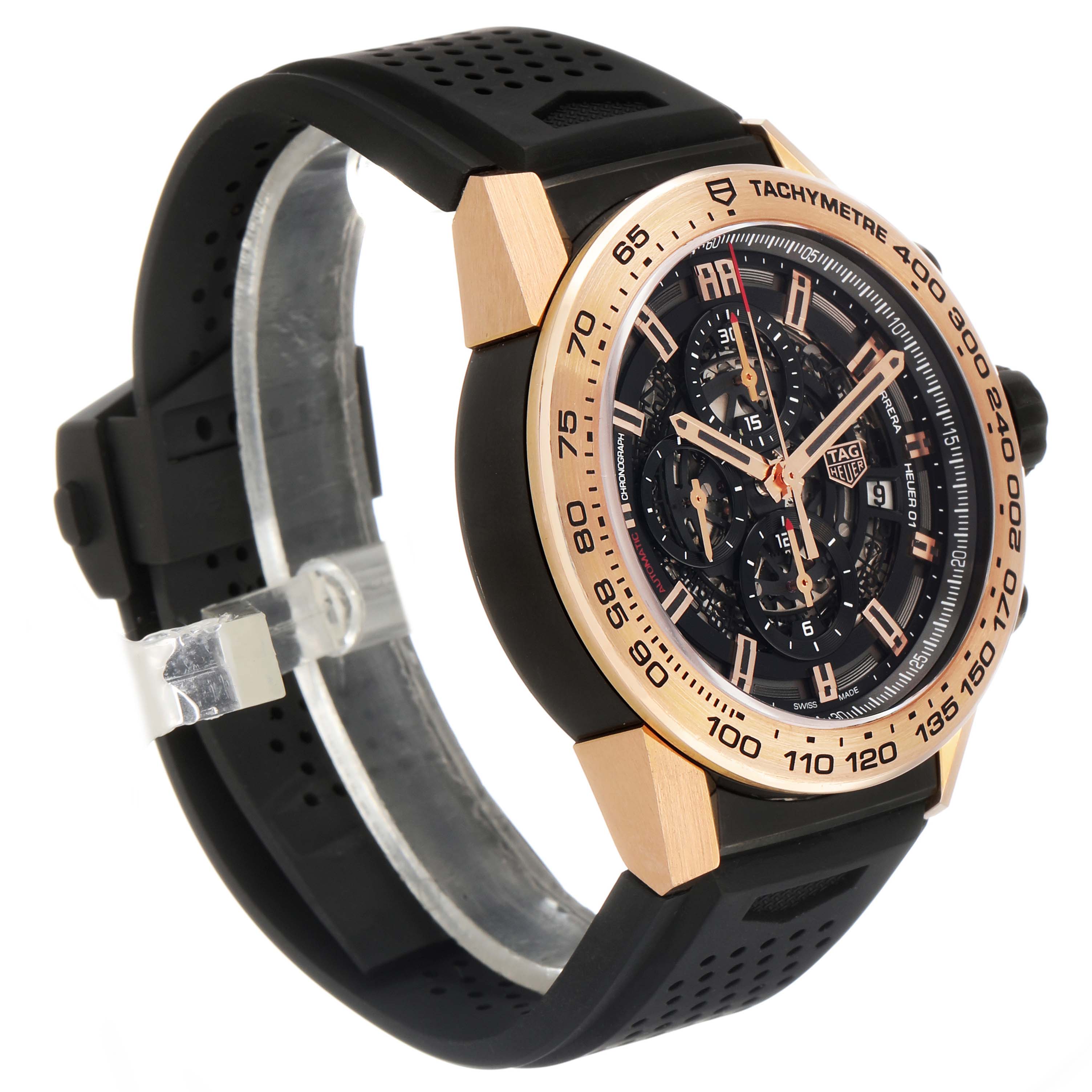 The Tag Heuer Carrera CAR2A5B.FT6044 Men's Rose Gold Black Dial watch is shown from a side angle, highlighting the face, bezel, and perforated strap.