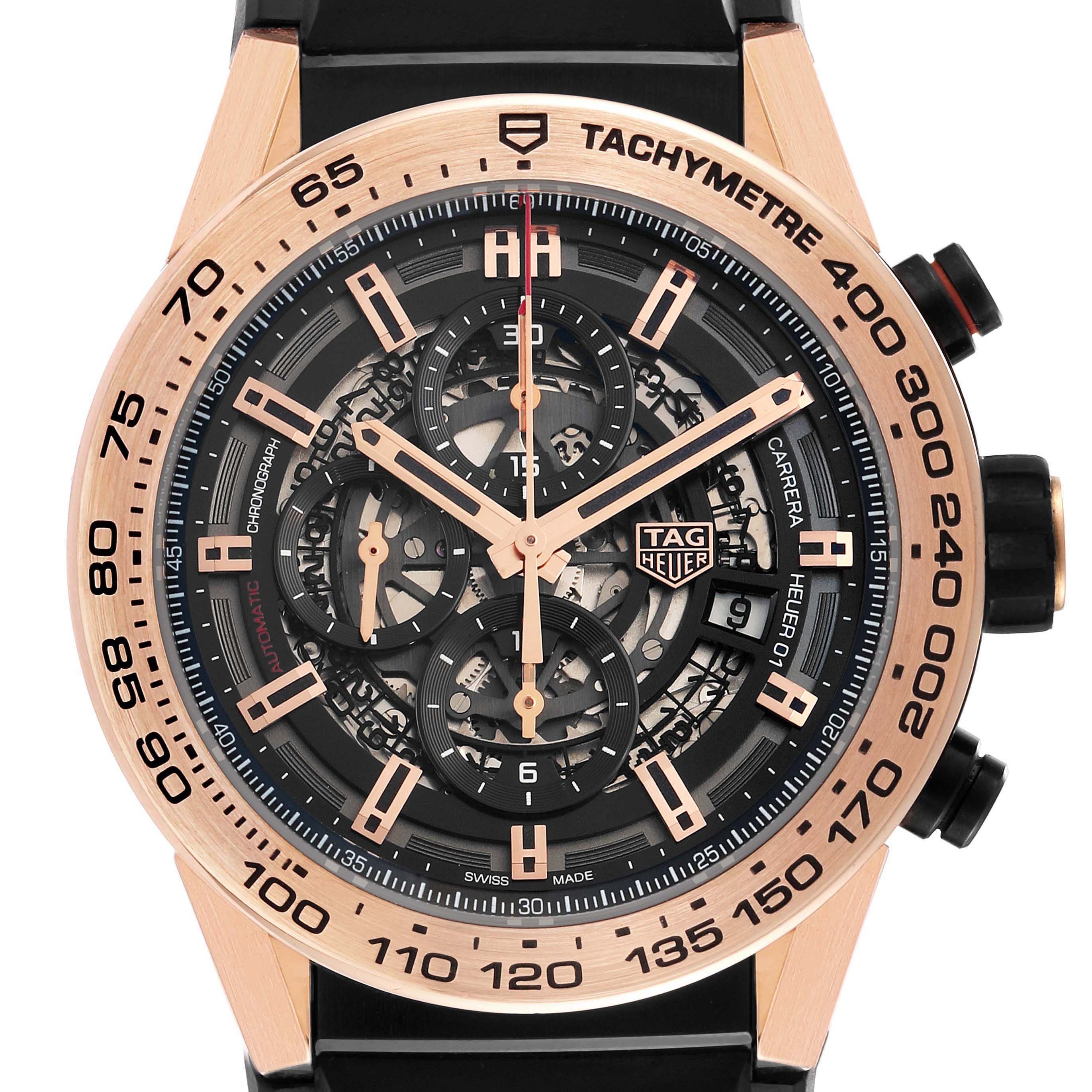 The Tag Heuer Carrera CAR2A5B.FT6044 Men's Rose Gold Black Dial watch is shown in a frontal angle, highlighting the skeleton dial, tachymeter bezel, and chronograph sub-dials.