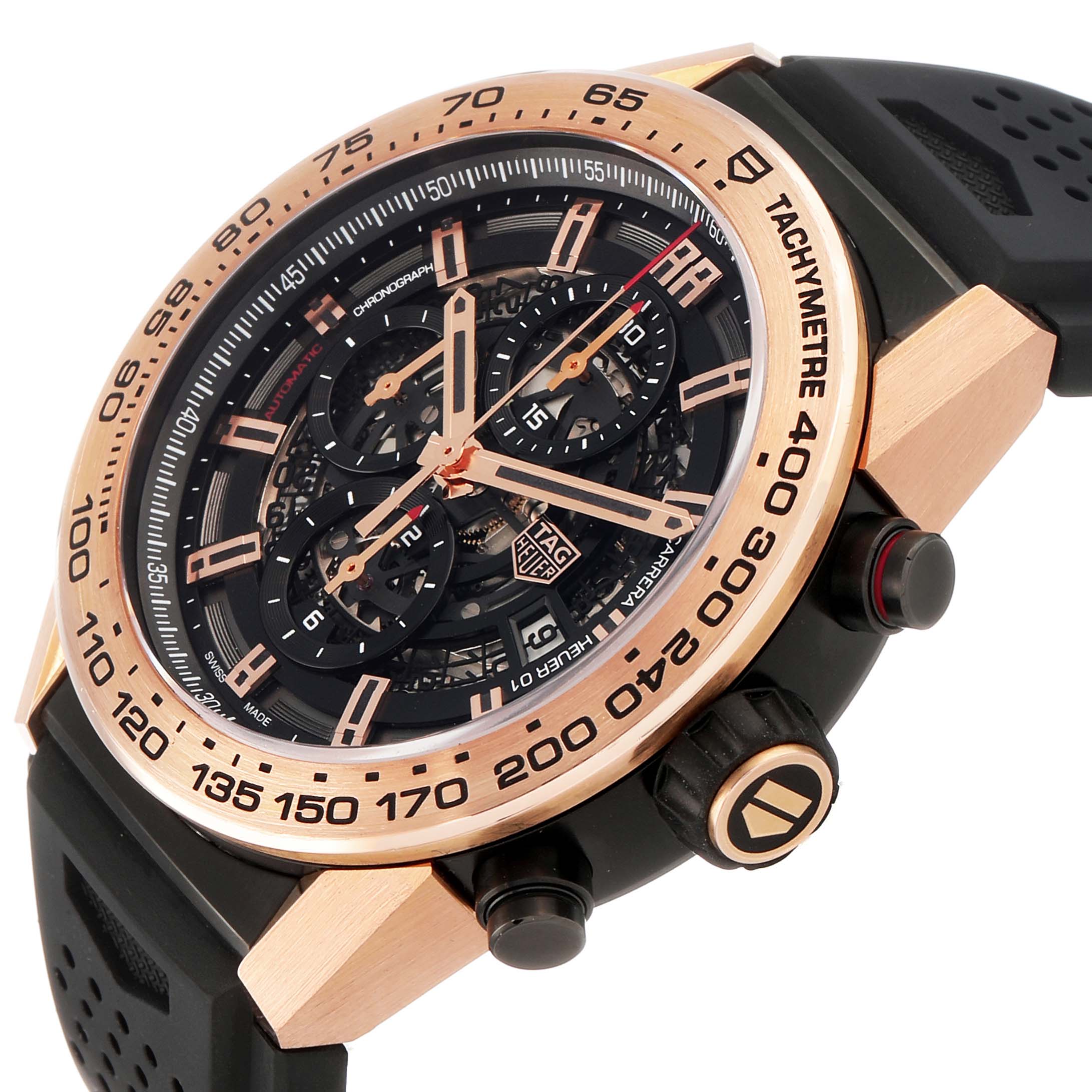 The Tag Heuer Carrera CAR2A5B.FT6044 Men's Rose Gold Black Dial watch is shown at a slight side angle, displaying its face, bezel, and crown features.
