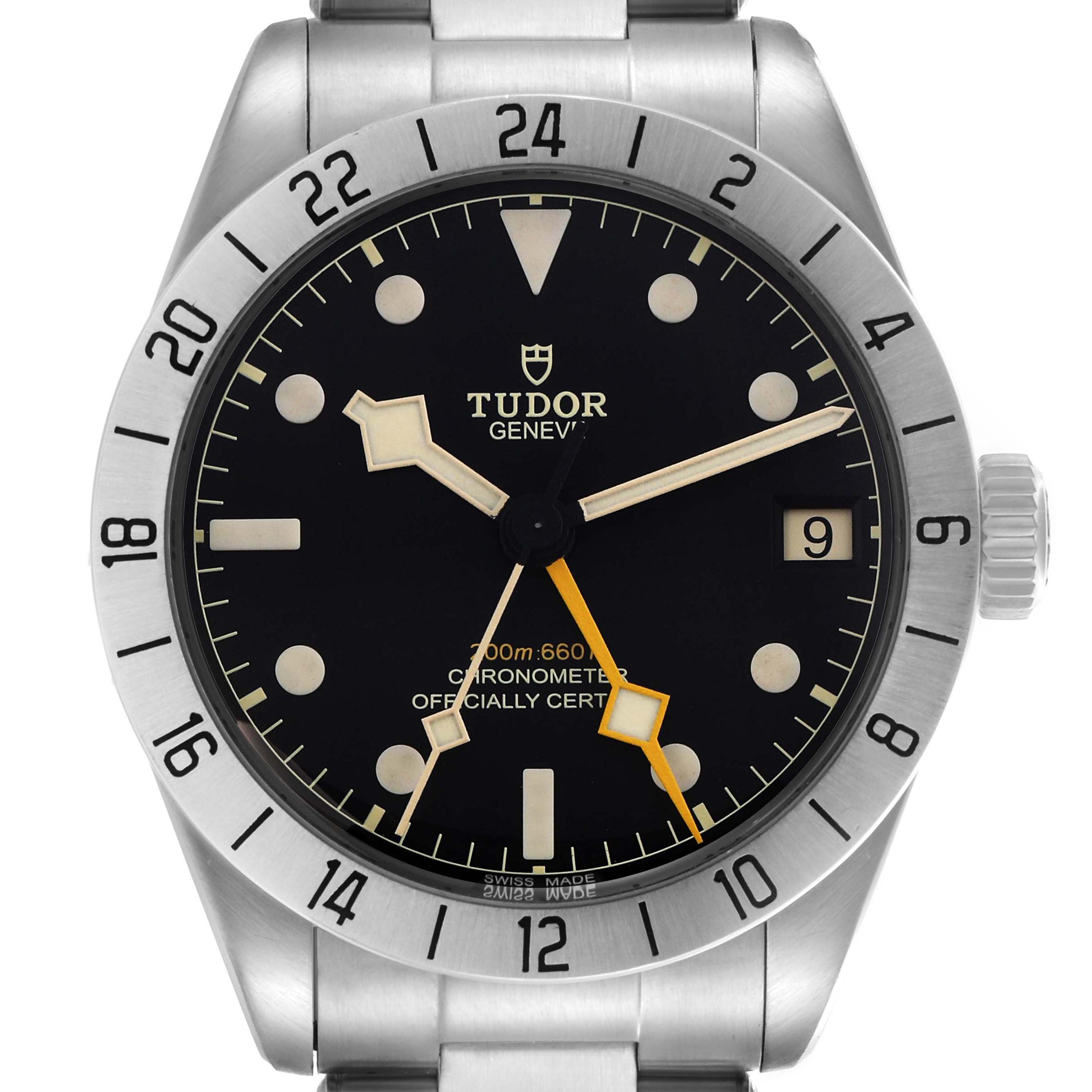 The Tudor Heritage Black Bay 79470 Men
s Stainless Steel Black Dial 79470 Men
s Stainless Steel Black Dial watch is shown from the front, highlighting its dial, bezel, and crown.