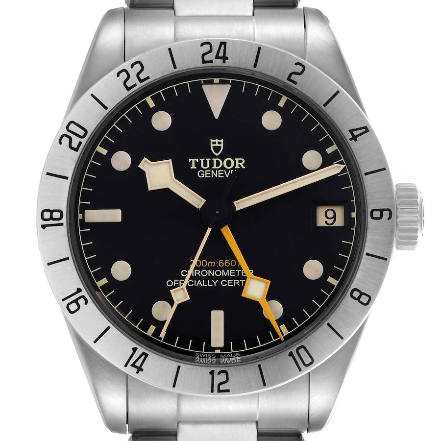 The Tudor Heritage Black Bay watch is shown from the front, highlighting its dial, bezel, and crown.