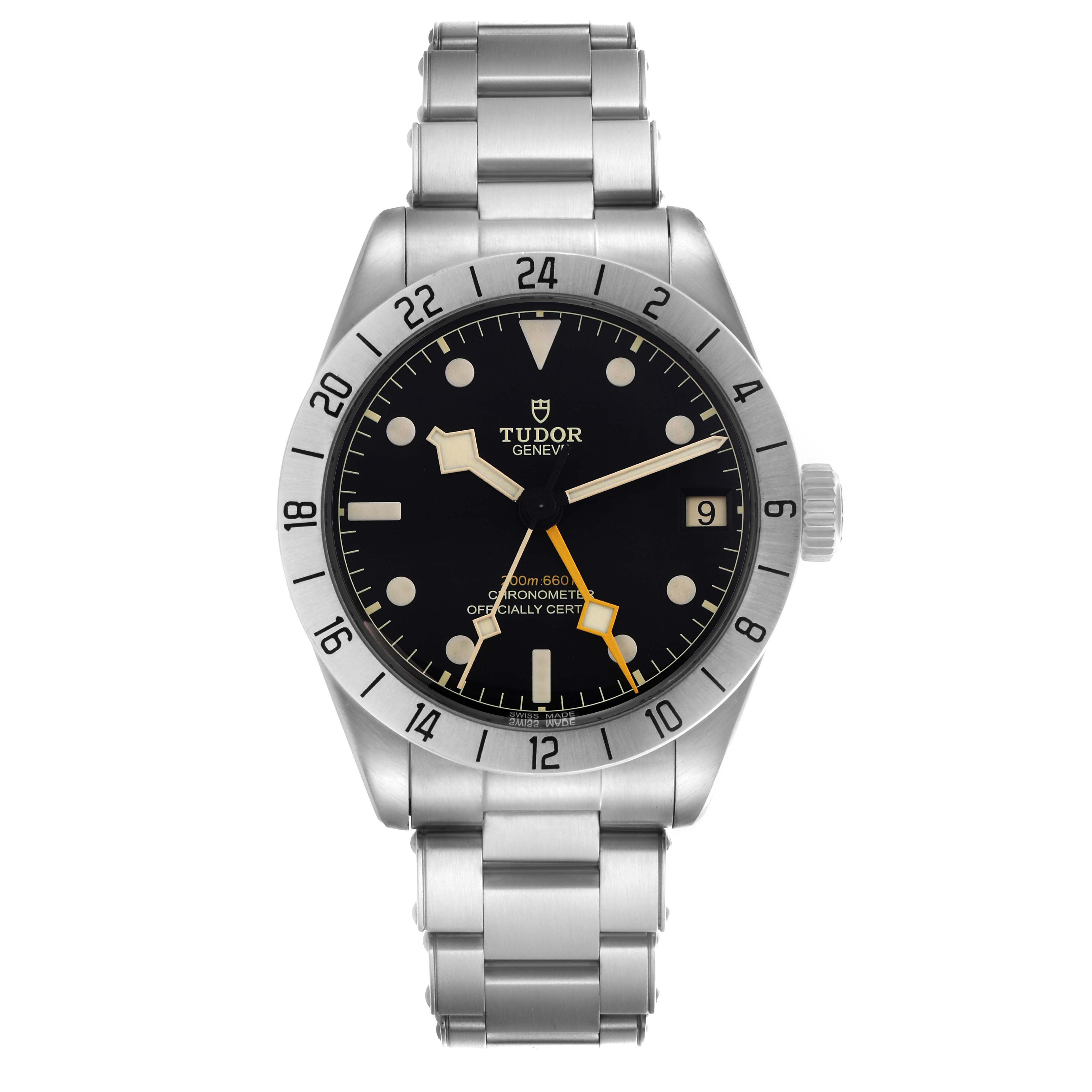 The Tudor Heritage Black Bay 79470 Men
s Stainless Steel Black Dial 79470 Men
s Stainless Steel Black Dial watch is shown from the front, displaying its face, bezel, and stainless steel bracelet.