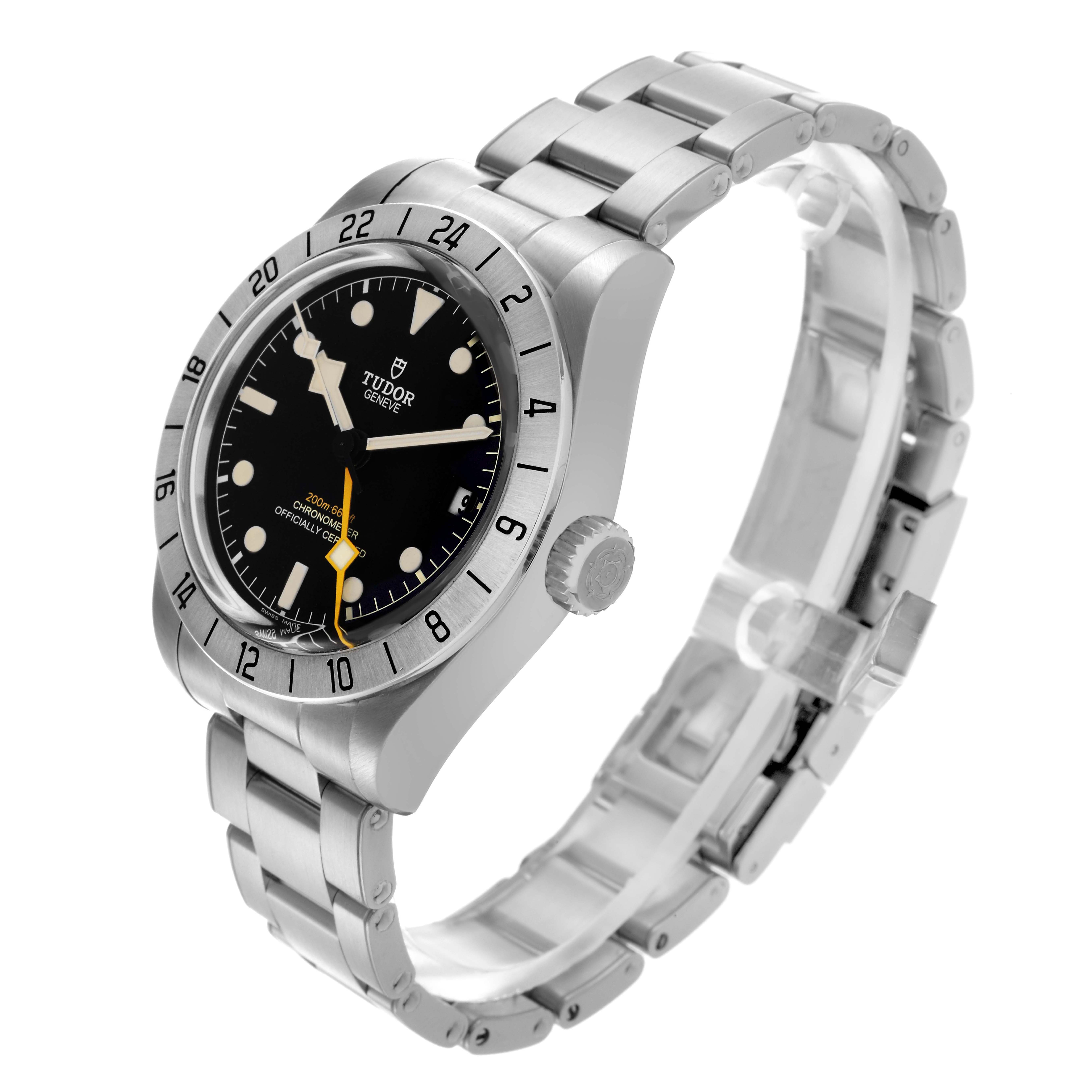 The Tudor Heritage Black Bay 79470 Men
s Stainless Steel Black Dial 79470 Men
s Stainless Steel Black Dial watch is shown at a three-quarter angle, highlighting the dial, bezel, crown, and bracelet.