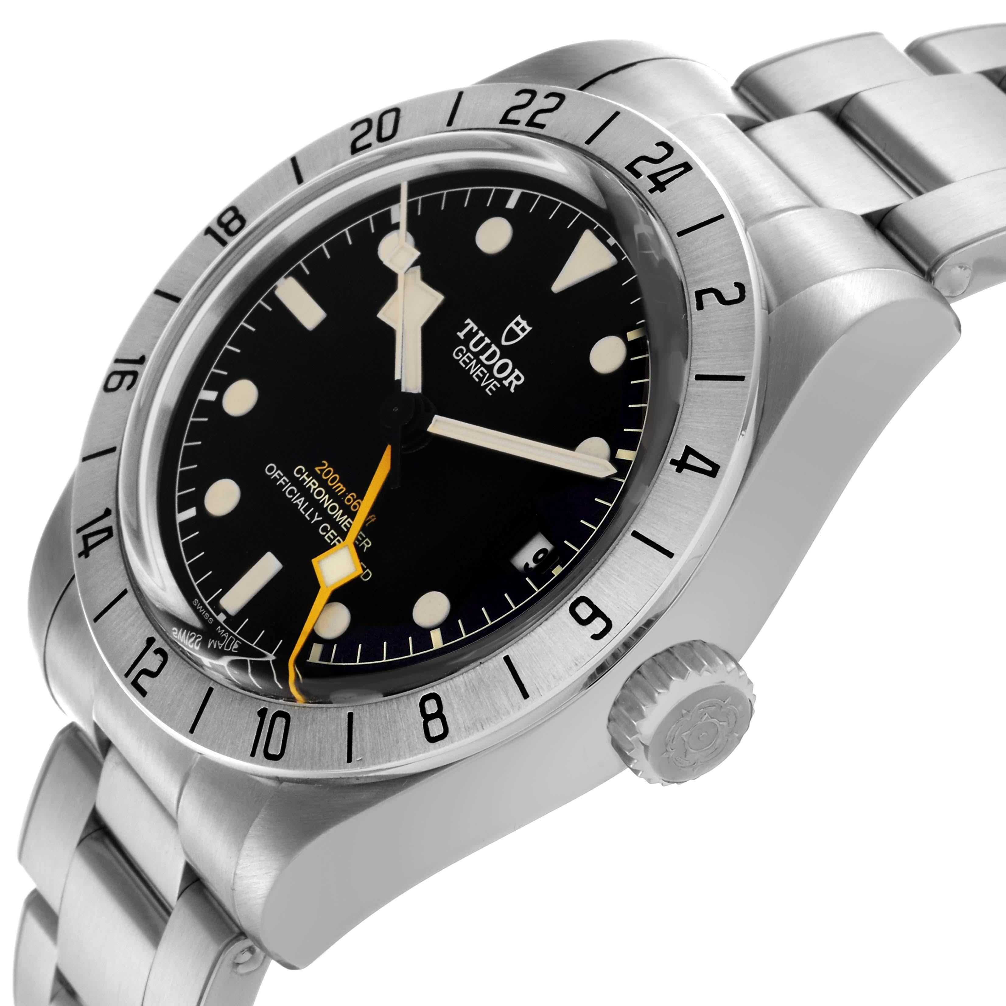 The Tudor Heritage Black Bay 79470 Men
s Stainless Steel Black Dial 79470 Men
s Stainless Steel Black Dial watch is shown from a side angle, highlighting the bezel, crown, dial, and bracelet.