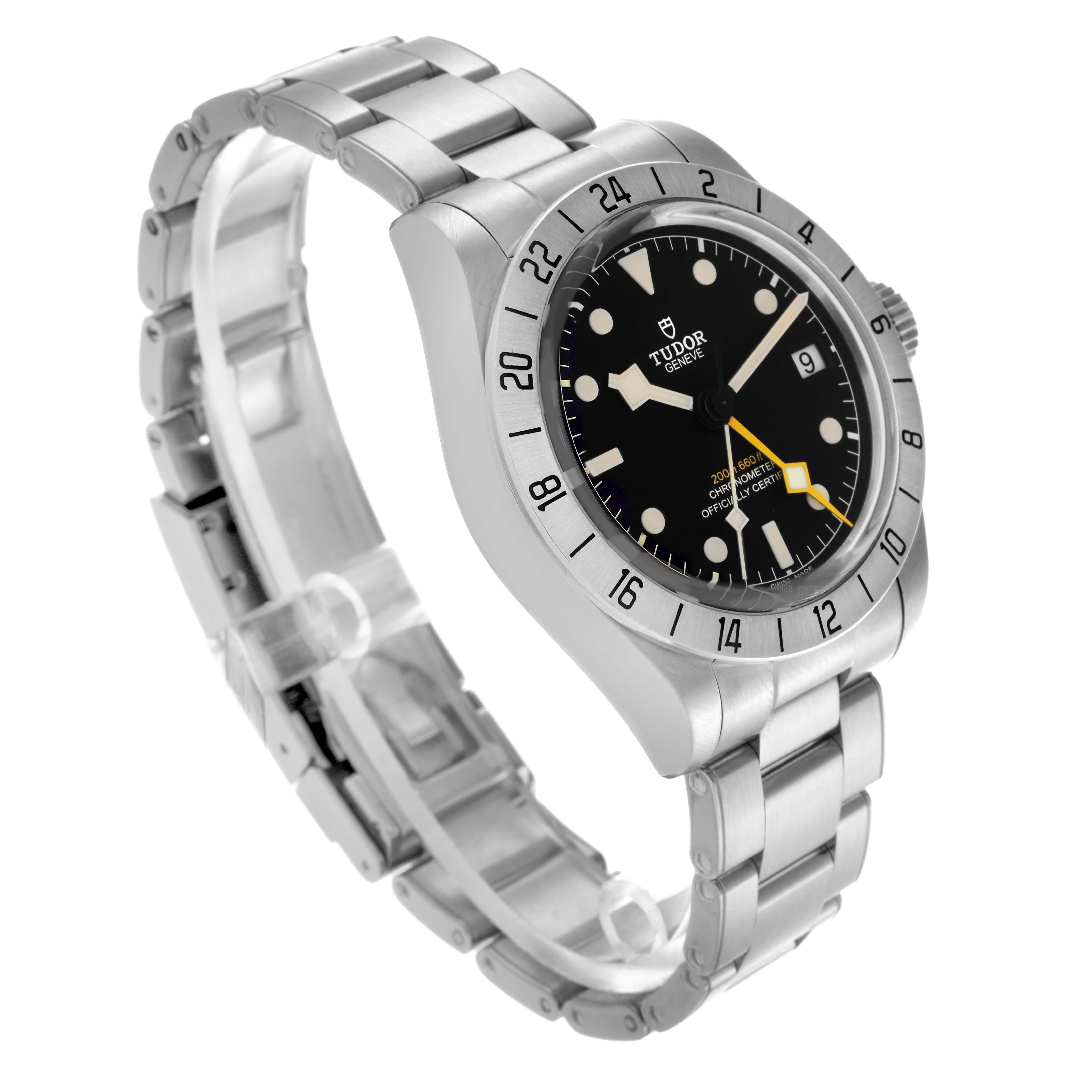 The Tudor Heritage Black Bay 79470 Men
s Stainless Steel Black Dial 79470 Men
s Stainless Steel Black Dial watch is shown at a three-quarter angle, displaying its face, bezel, crown, and stainless steel bracelet.