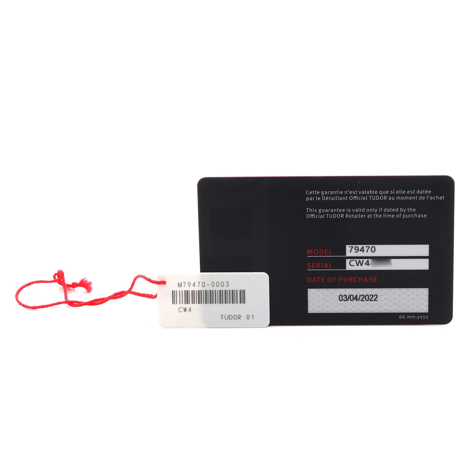 The image shows a warranty card for the Tudor Heritage Black Bay 79470 Men
s Stainless Steel Black Dial 79470 Men
s Stainless Steel Black Dial watch, including the model and serial number details.