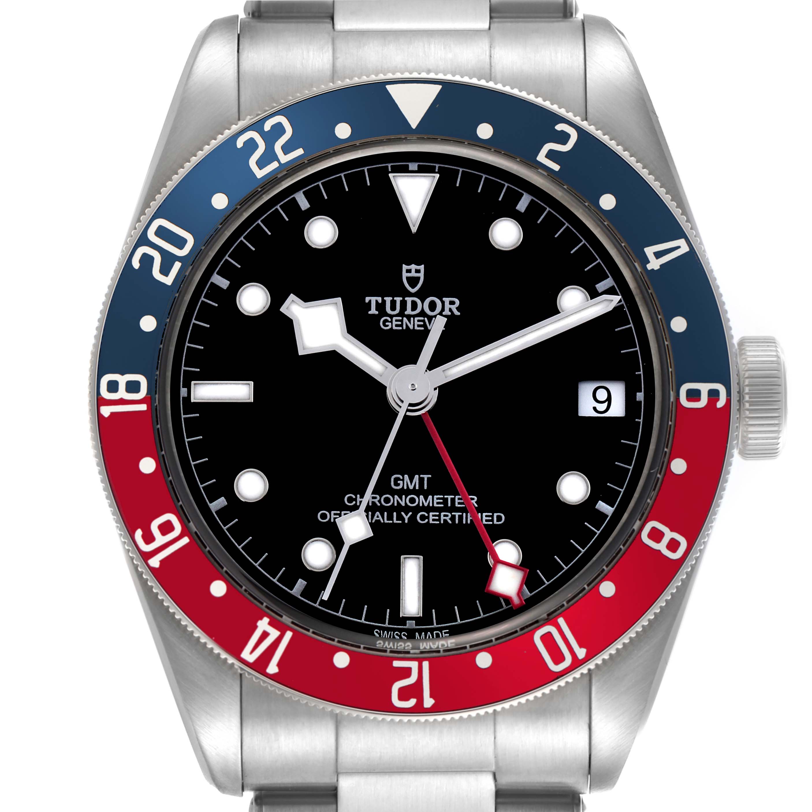 The Tudor Heritage Black Bay 79830RB Men
s Stainless Steel Black Dial 79830RB Men
s Stainless Steel Black Dial watch is shown from a top view, displaying the face, bezel, and part of the bracelet.