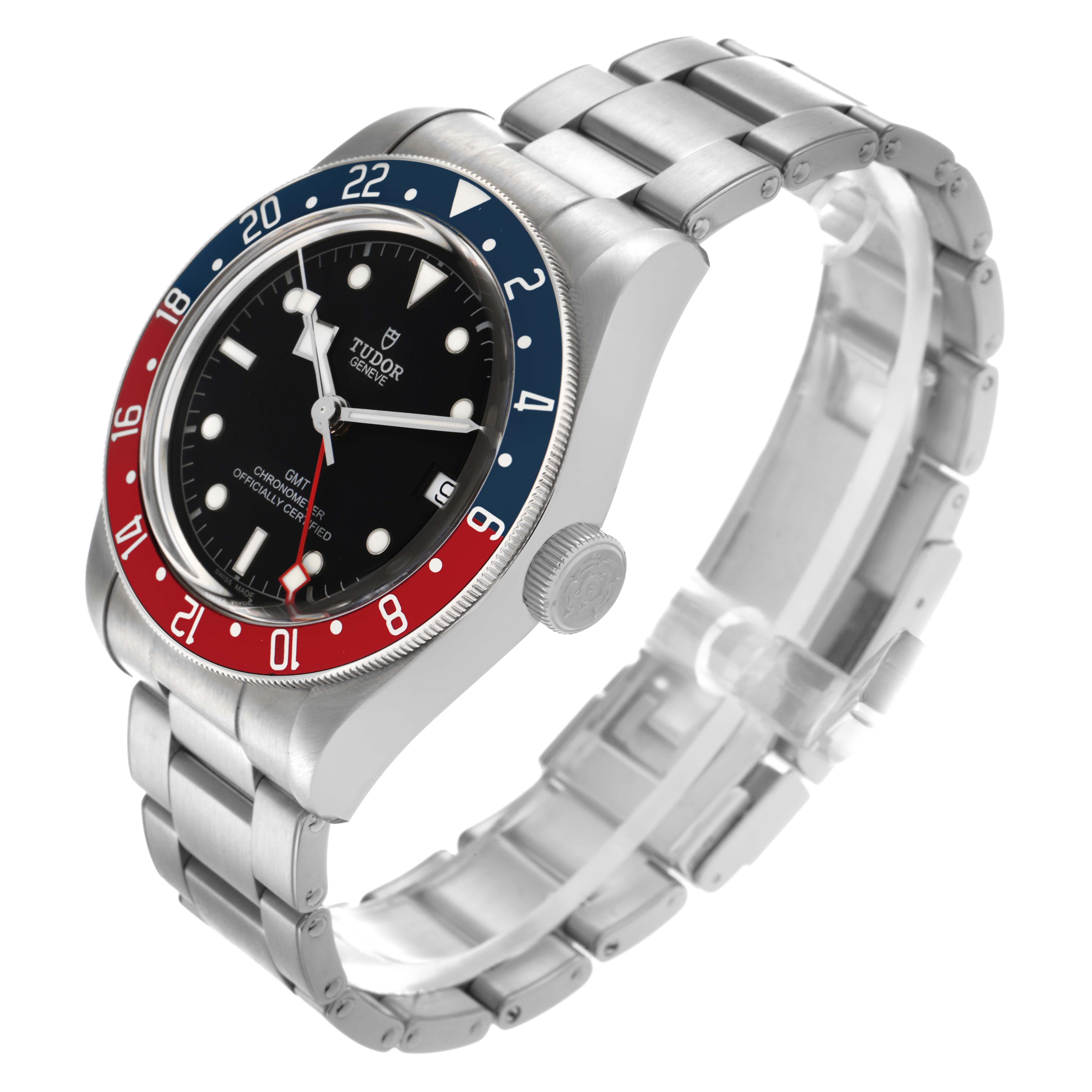 The image shows a Tudor Heritage Black Bay 79830RB Men
s Stainless Steel Black Dial 79830RB Men
s Stainless Steel Black Dial watch at a three-quarter angle, highlighting its bezel, case, dial, and bracelet.