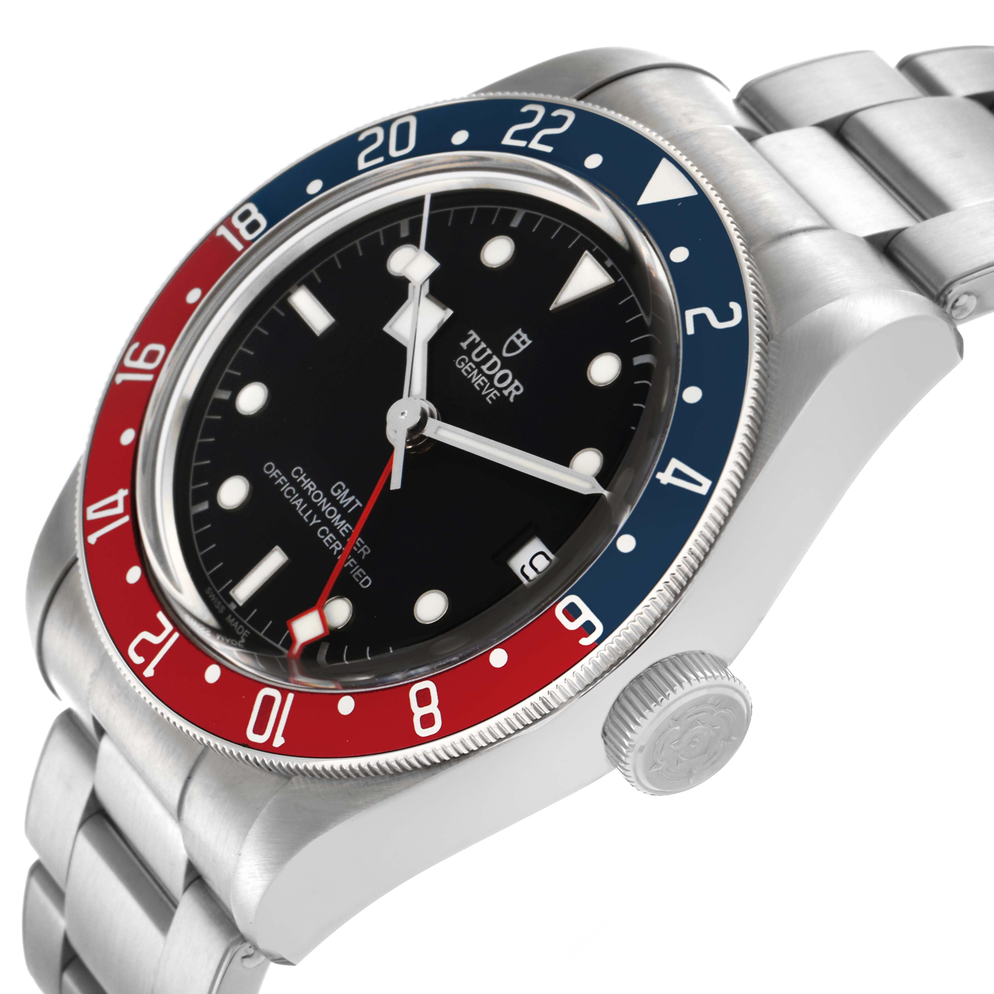 The Tudor Heritage Black Bay 79830RB Men
s Stainless Steel Black Dial 79830RB Men
s Stainless Steel Black Dial watch is shown in a tilted angle highlighting the bezel, dial, crown, and part of the bracelet.