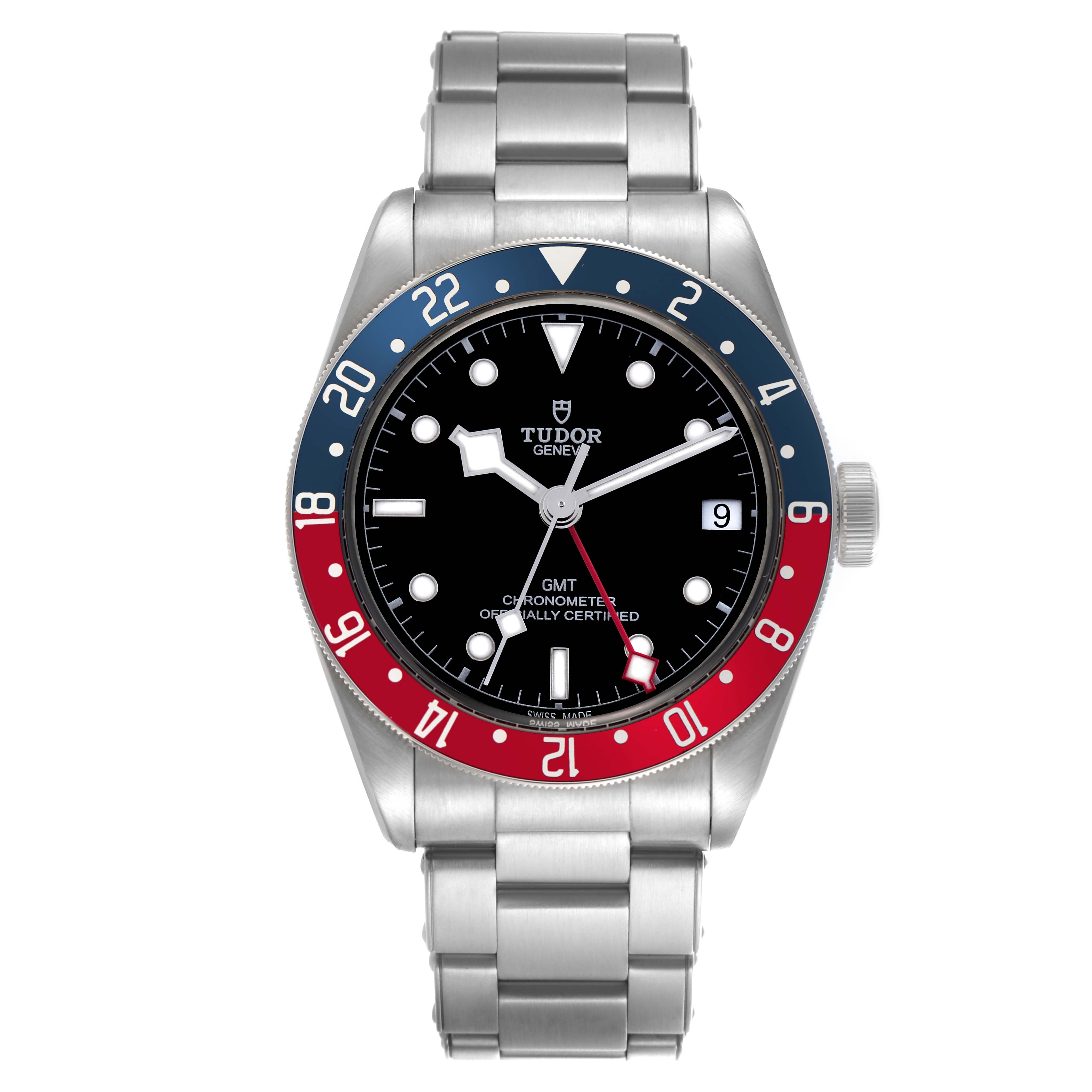 The Tudor Heritage Black Bay 79830RB Men
s Stainless Steel Black Dial 79830RB Men
s Stainless Steel Black Dial watch is shown from a front view, displaying the dial, bezel, bracelet, and crown.