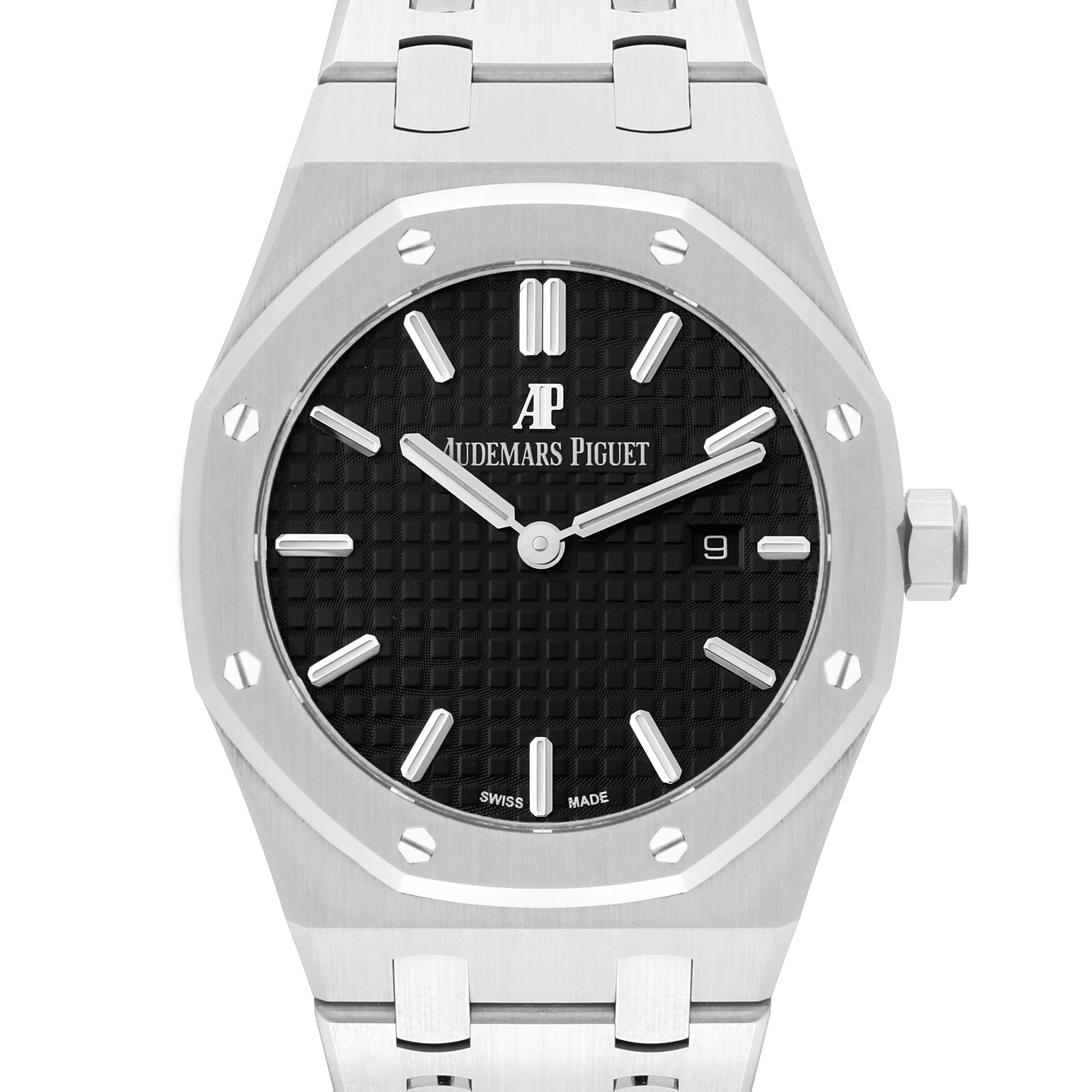 This image shows a front view of an Audemars Piguet Royal Oak 67650ST.OO.1261ST.01 Women's Stainless Steel Black Dial 67650ST.OO.1261ST.01 Women's Stainless Steel Black Dial watch highlighting its black dial, octagonal bezel, and stainless steel bracelet.