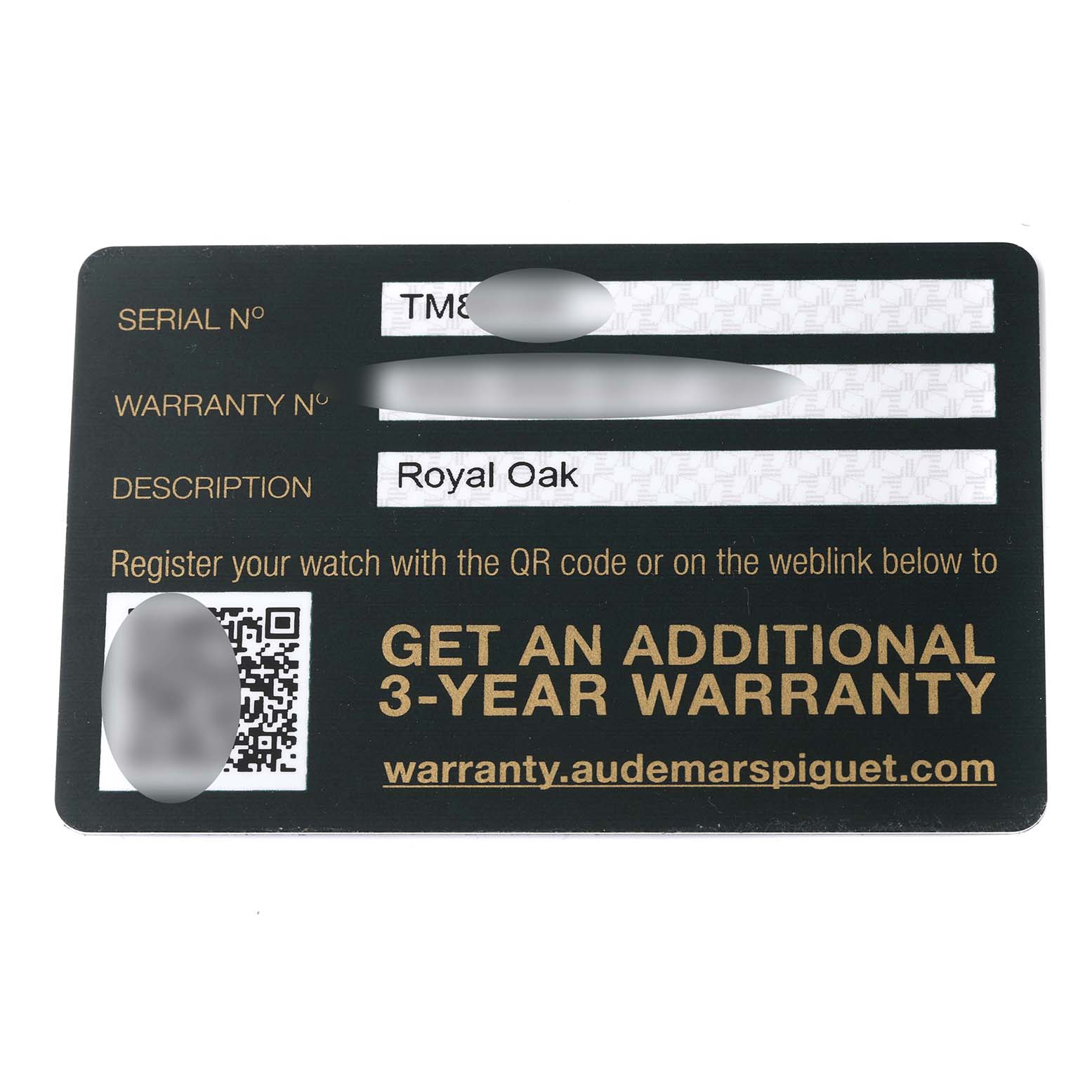 The image shows the warranty card for the Audemars Piguet Royal Oak 67650ST.OO.1261ST.01 Women's Stainless Steel Black Dial 67650ST.OO.1261ST.01 Women's Stainless Steel Black Dial watch.