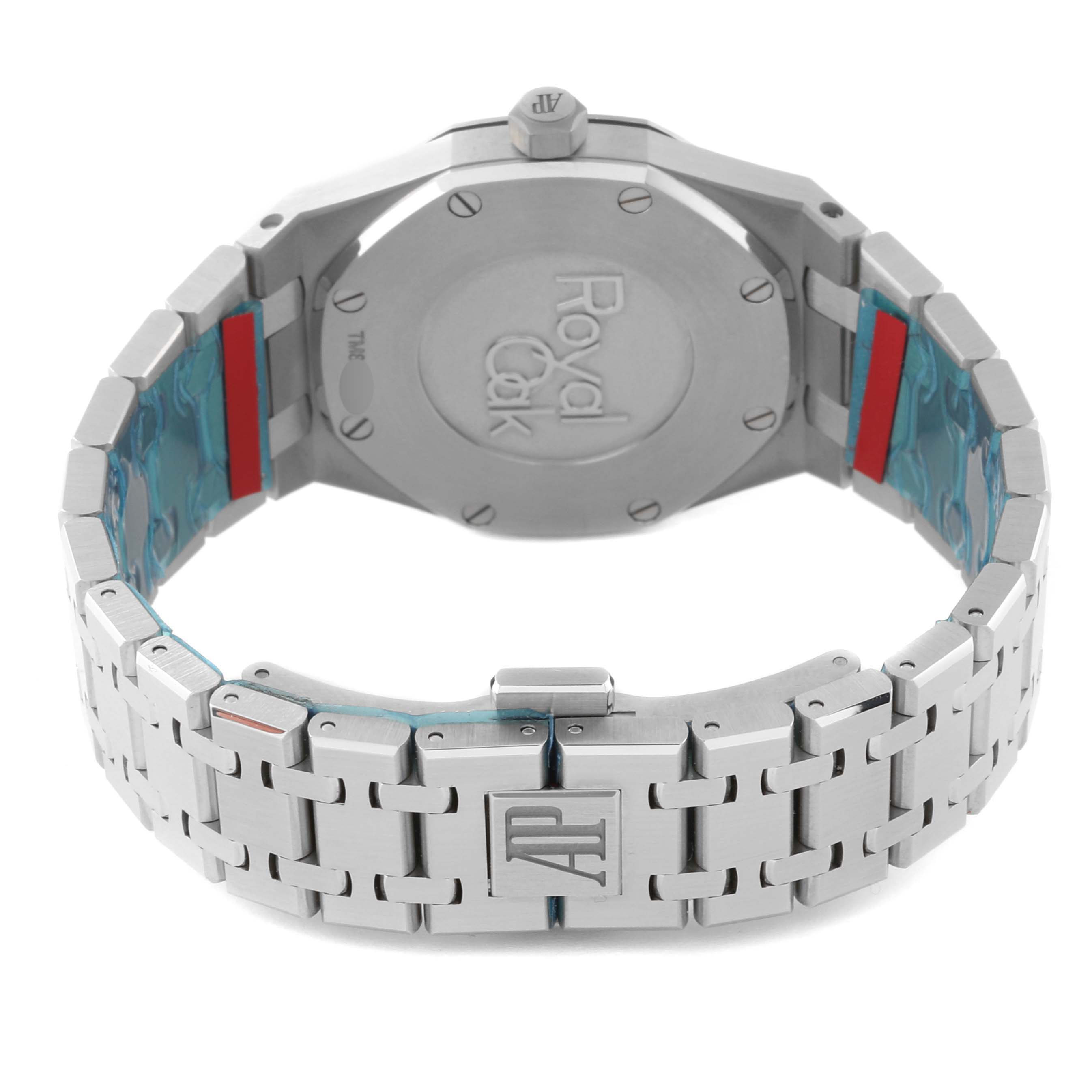 The image shows the back view of an Audemars Piguet Royal Oak 67650ST.OO.1261ST.01 Women's Stainless Steel Black Dial 67650ST.OO.1261ST.01 Women's Stainless Steel Black Dial watch, highlighting the case back and bracelet.