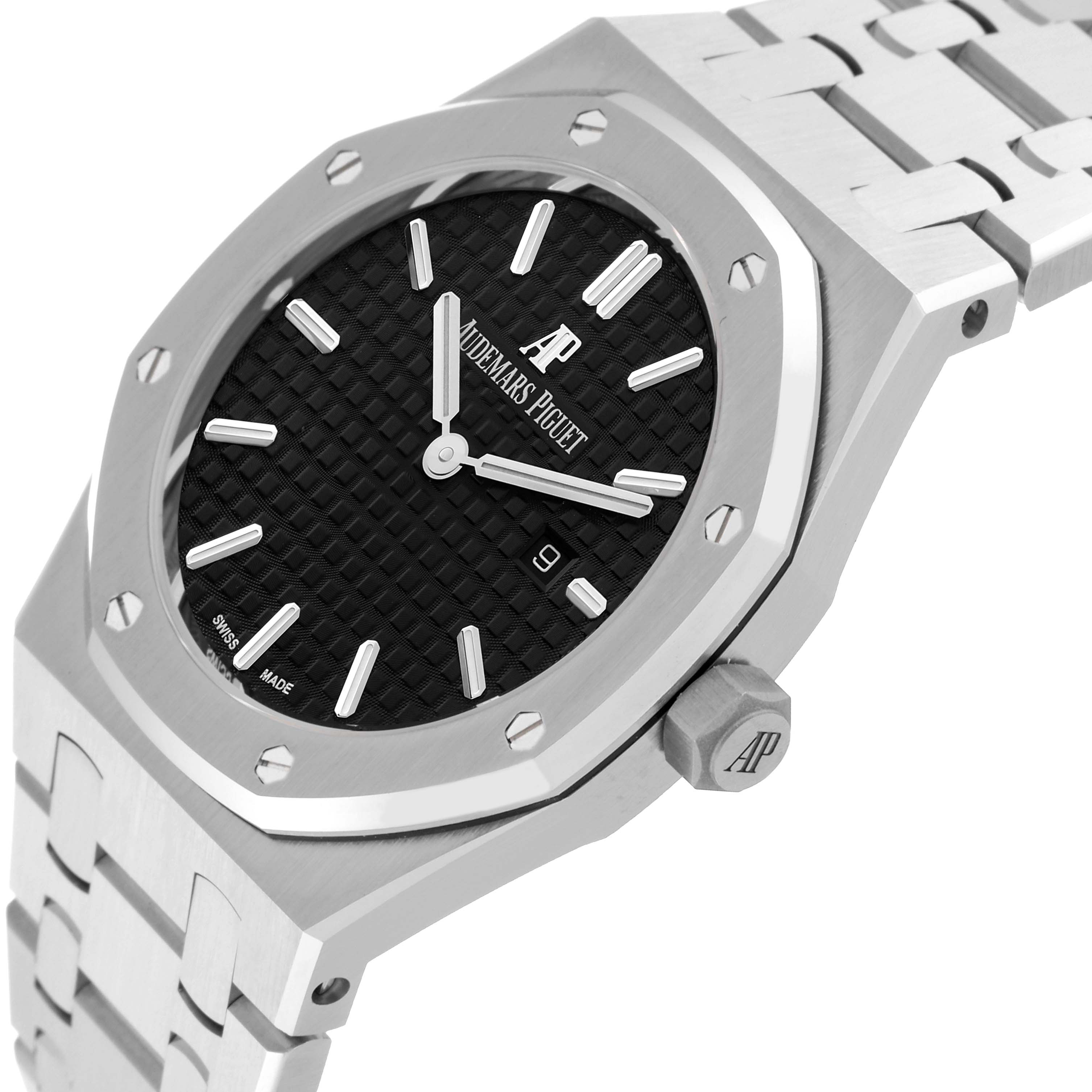 The image shows a close-up, angled view of the Audemars Piguet Royal Oak 67650ST.OO.1261ST.01 Women's Stainless Steel Black Dial 67650ST.OO.1261ST.01 Women's Stainless Steel Black Dial watch, highlighting the case, bezel, dial, crown, and bracelet.
