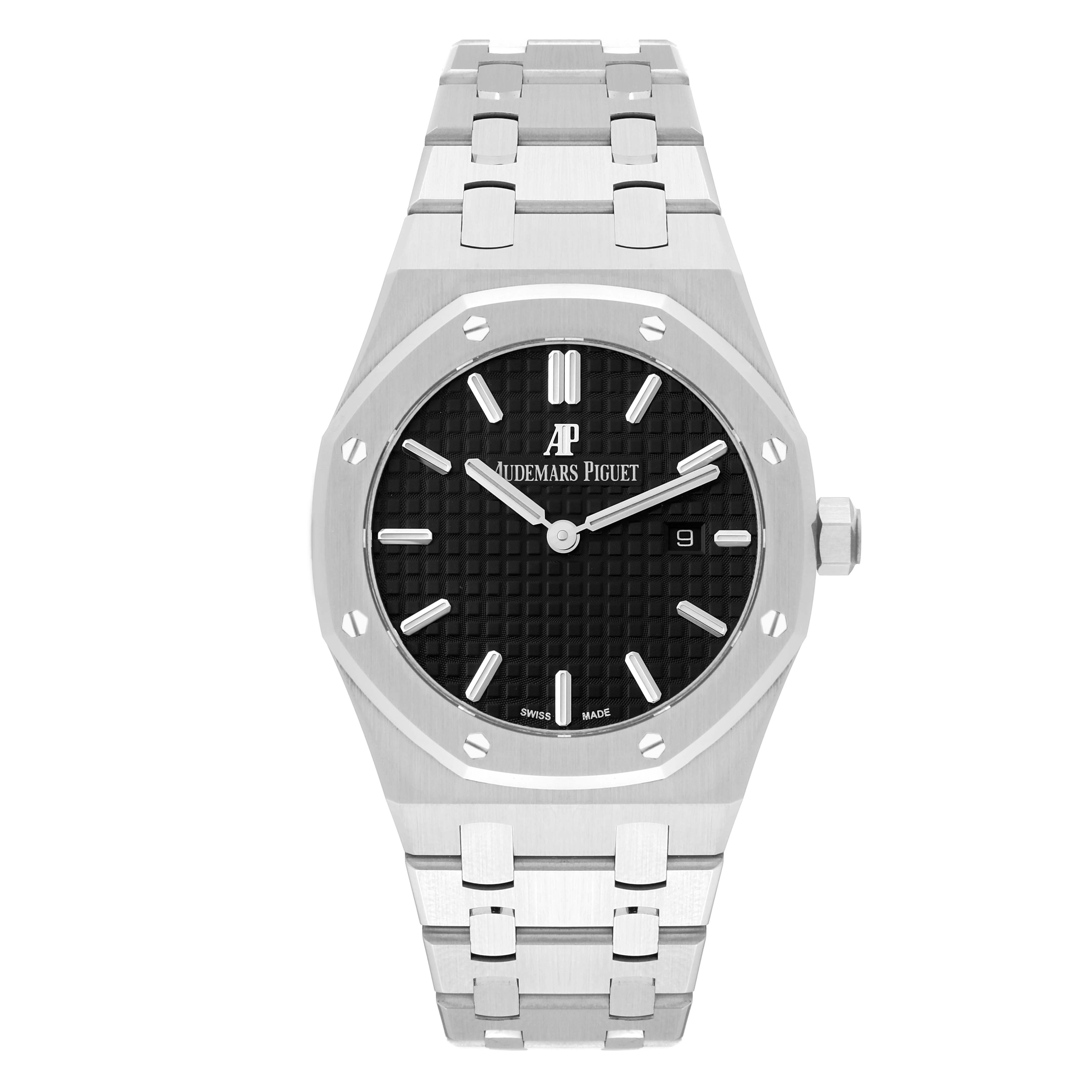 This image shows a front view of the Audemars Piguet Royal Oak 67650ST.OO.1261ST.01 Women's Stainless Steel Black Dial 67650ST.OO.1261ST.01 Women's Stainless Steel Black Dial watch, highlighting its black dial, stainless steel case, and bracelet.