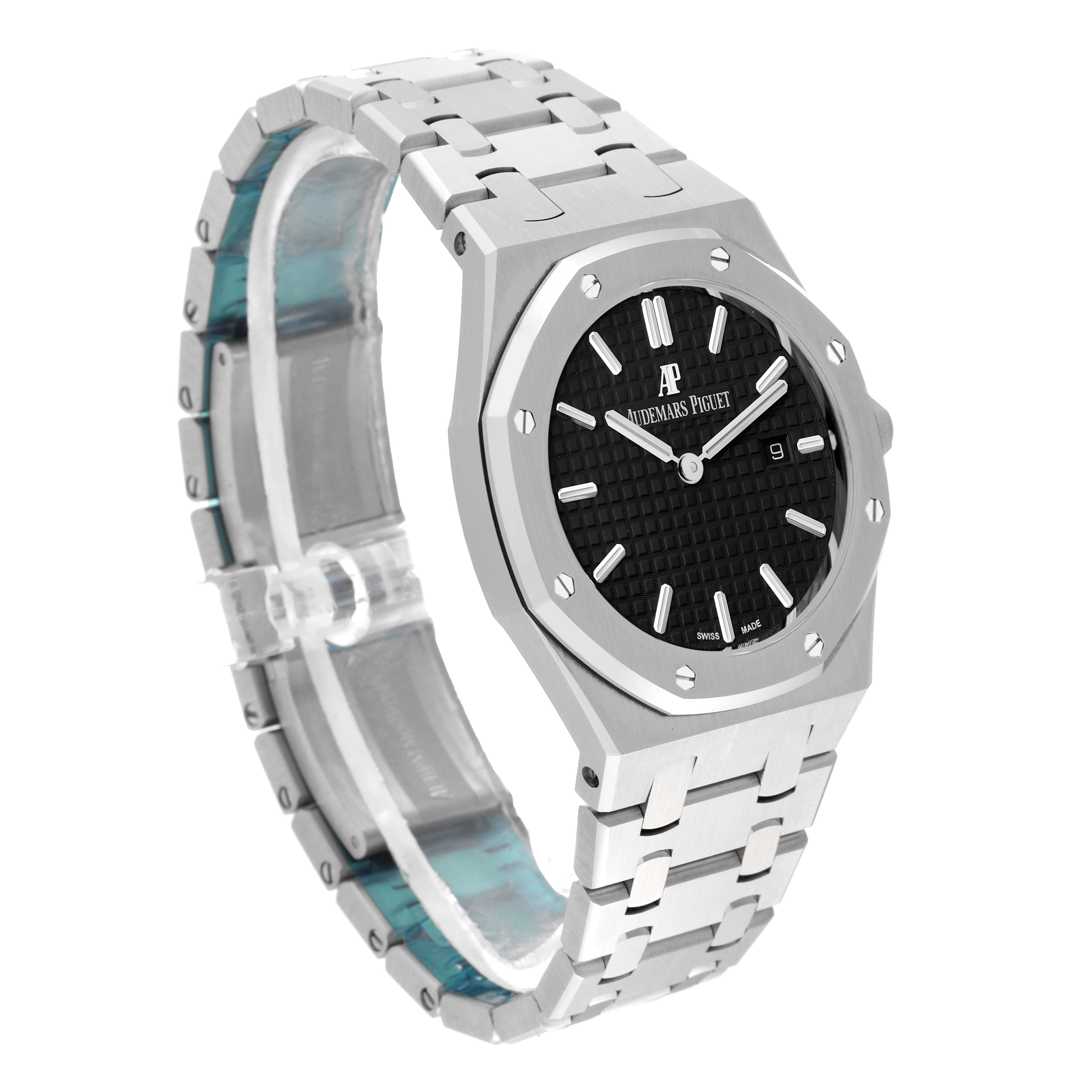 This image shows a side angle view of the Audemars Piguet Royal Oak 67650ST.OO.1261ST.01 Women's Stainless Steel Black Dial 67650ST.OO.1261ST.01 Women's Stainless Steel Black Dial watch, highlighting its octagonal bezel and metal bracelet.