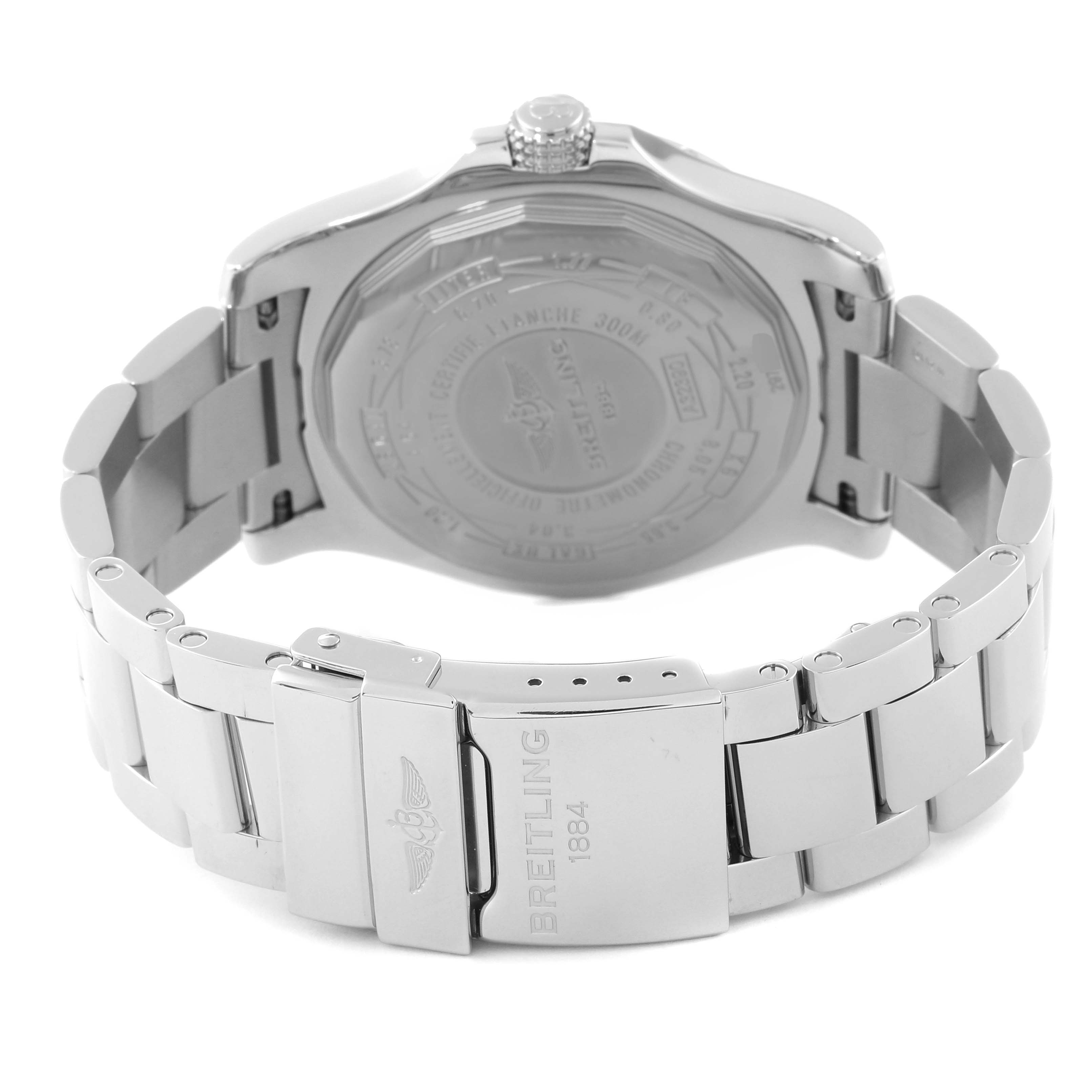 The image shows the back view of a Breitling Avenger A32390 Men's Stainless Steel Mother of Pearl Dial A32390 Men's Stainless Steel Mother of Pearl Dial watch, highlighting the case back and the metallic bracelet with the clasp.