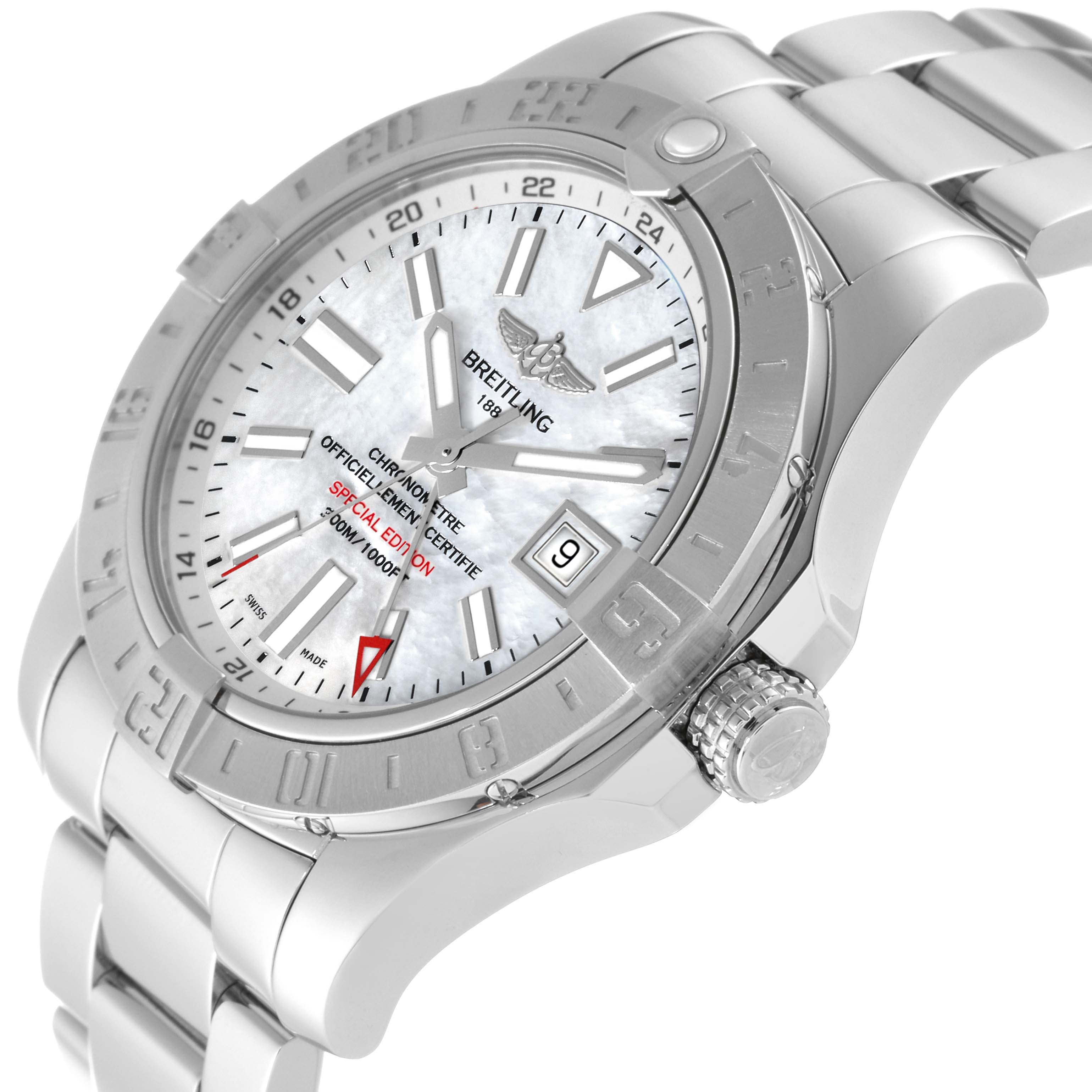 The image shows a close-up angled view of the Breitling Avenger A32390 Men's Stainless Steel Mother of Pearl Dial A32390 Men's Stainless Steel Mother of Pearl Dial watch, highlighting its face, bezel, crown, and part of the bracelet.