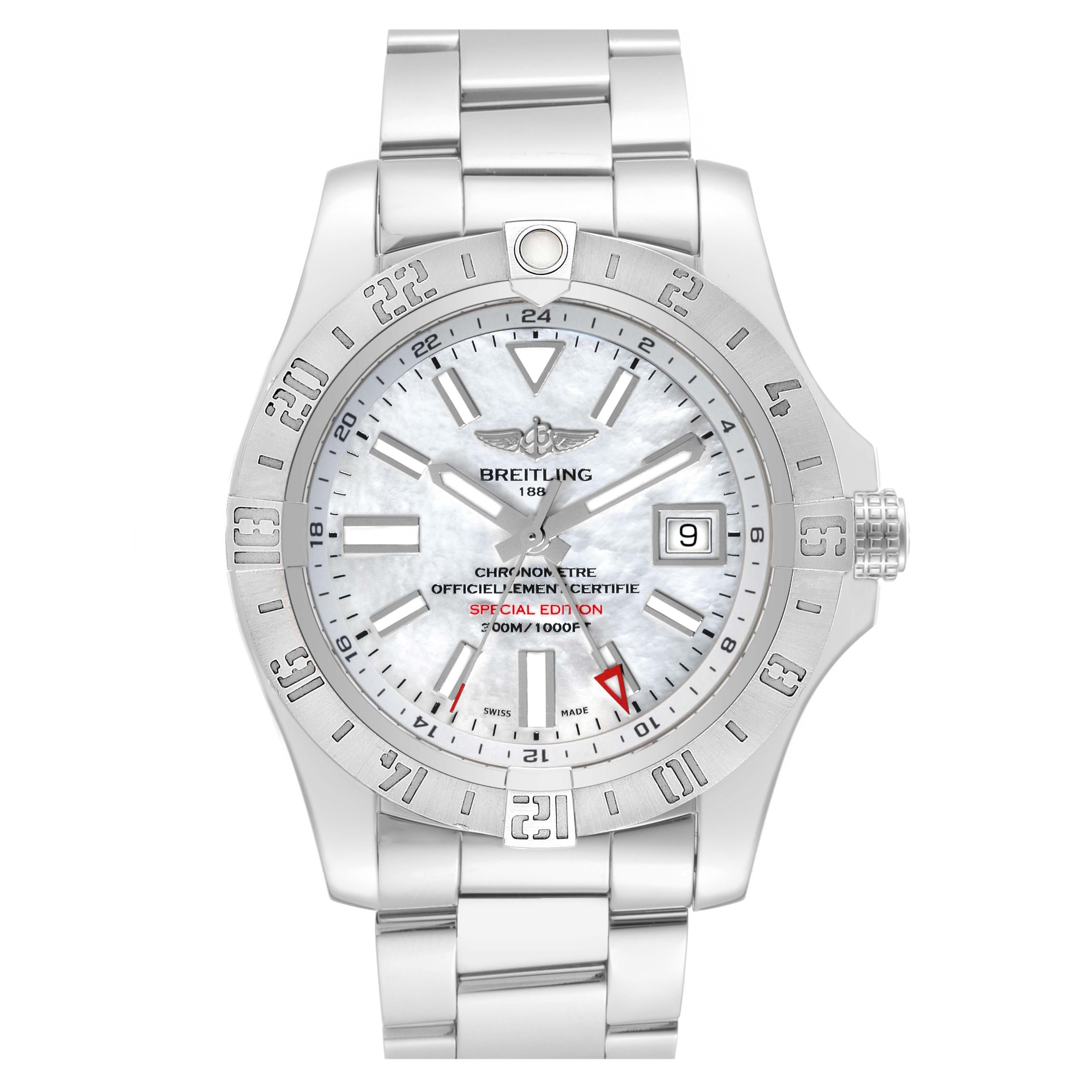 The image shows a front view of the Breitling Avenger A32390 Men's Stainless Steel Mother of Pearl Dial A32390 Men's Stainless Steel Mother of Pearl Dial watch, displaying the face, bezel, and metal bracelet.