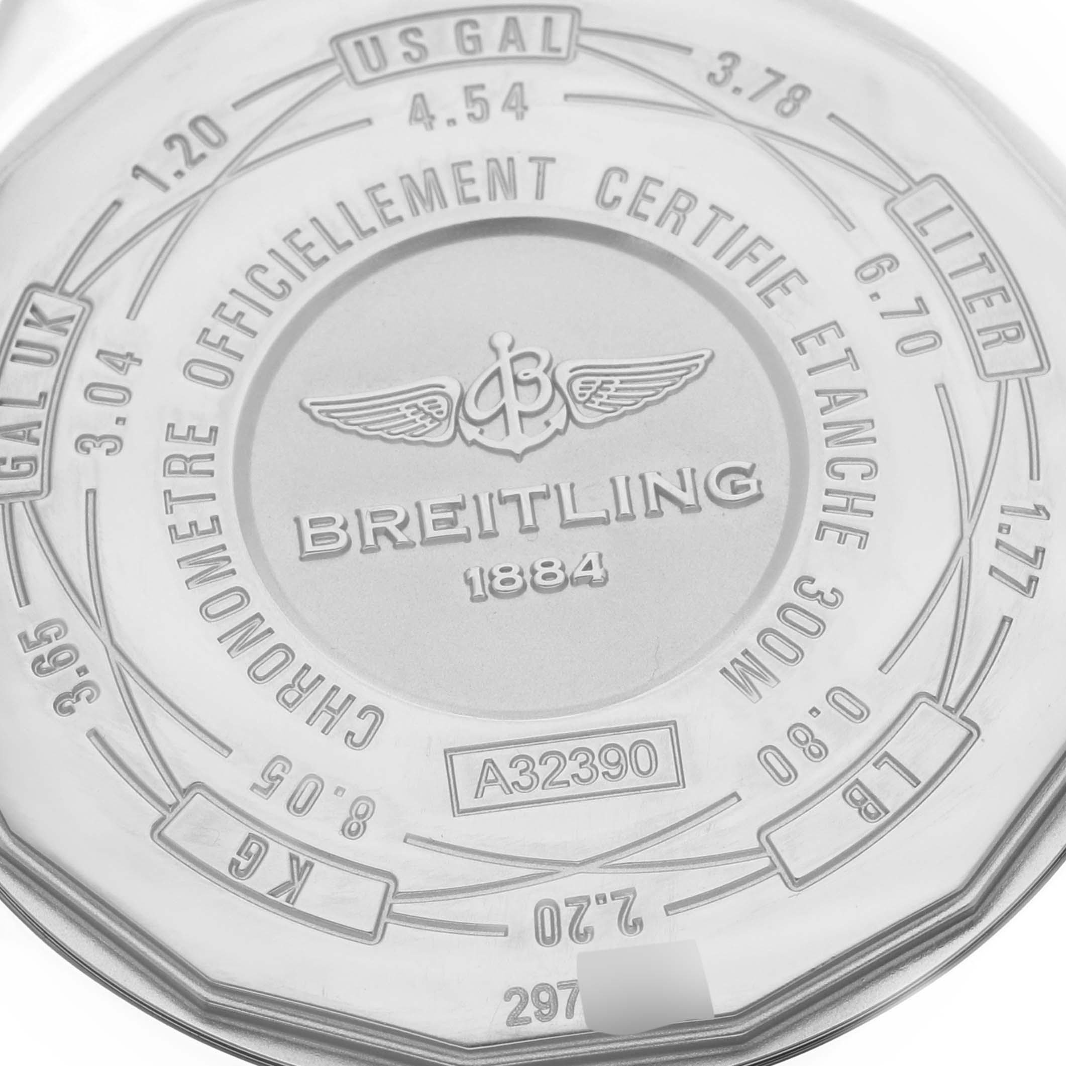 The image shows the back case of an Avenger model watch by Breitling, displaying various certifications and measurements.