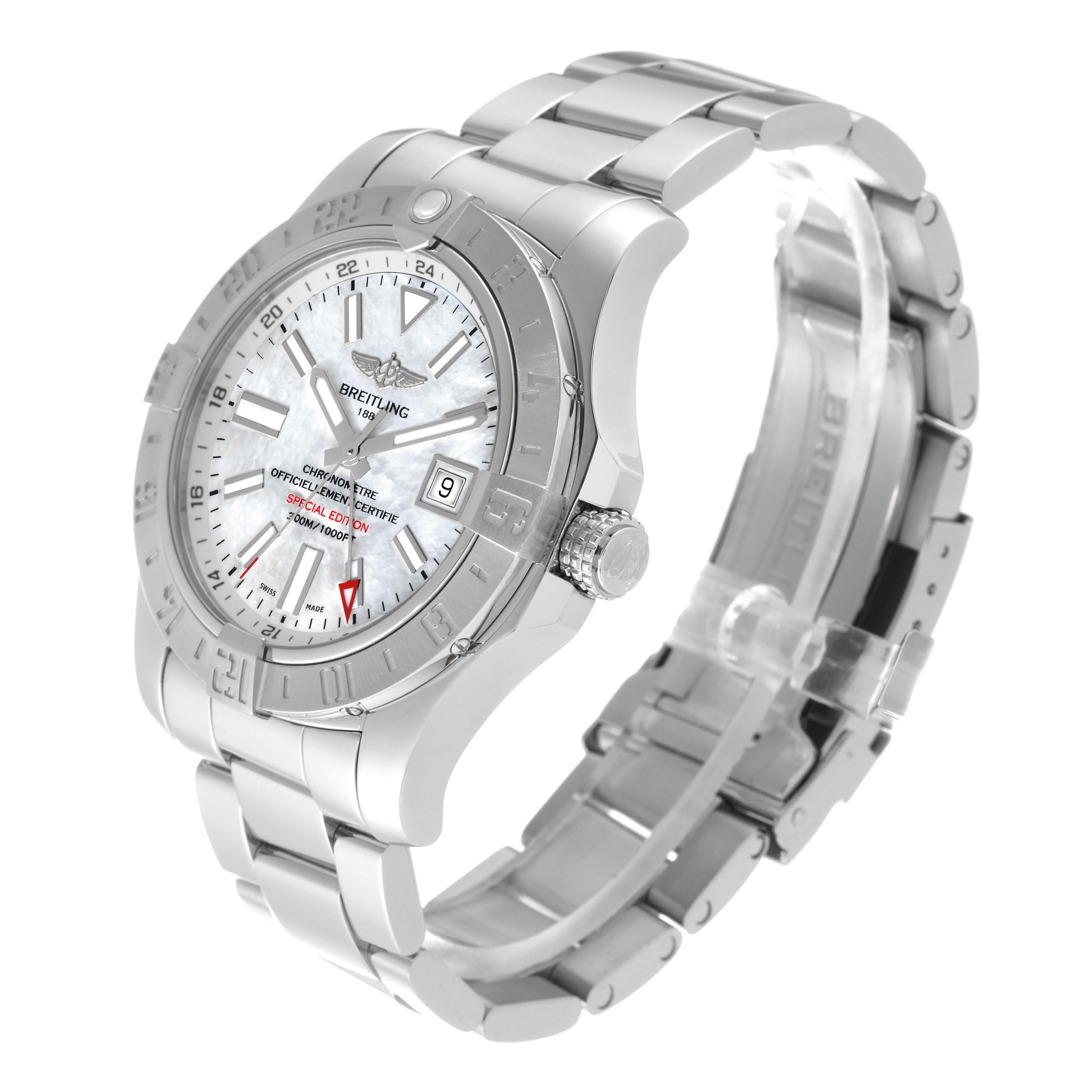 The Breitling Avenger A32390 Men's Stainless Steel Mother of Pearl Dial A32390 Men's Stainless Steel Mother of Pearl Dial model watch is shown at a three-quarter angle, highlighting its face, bezel, crown, and metal bracelet.