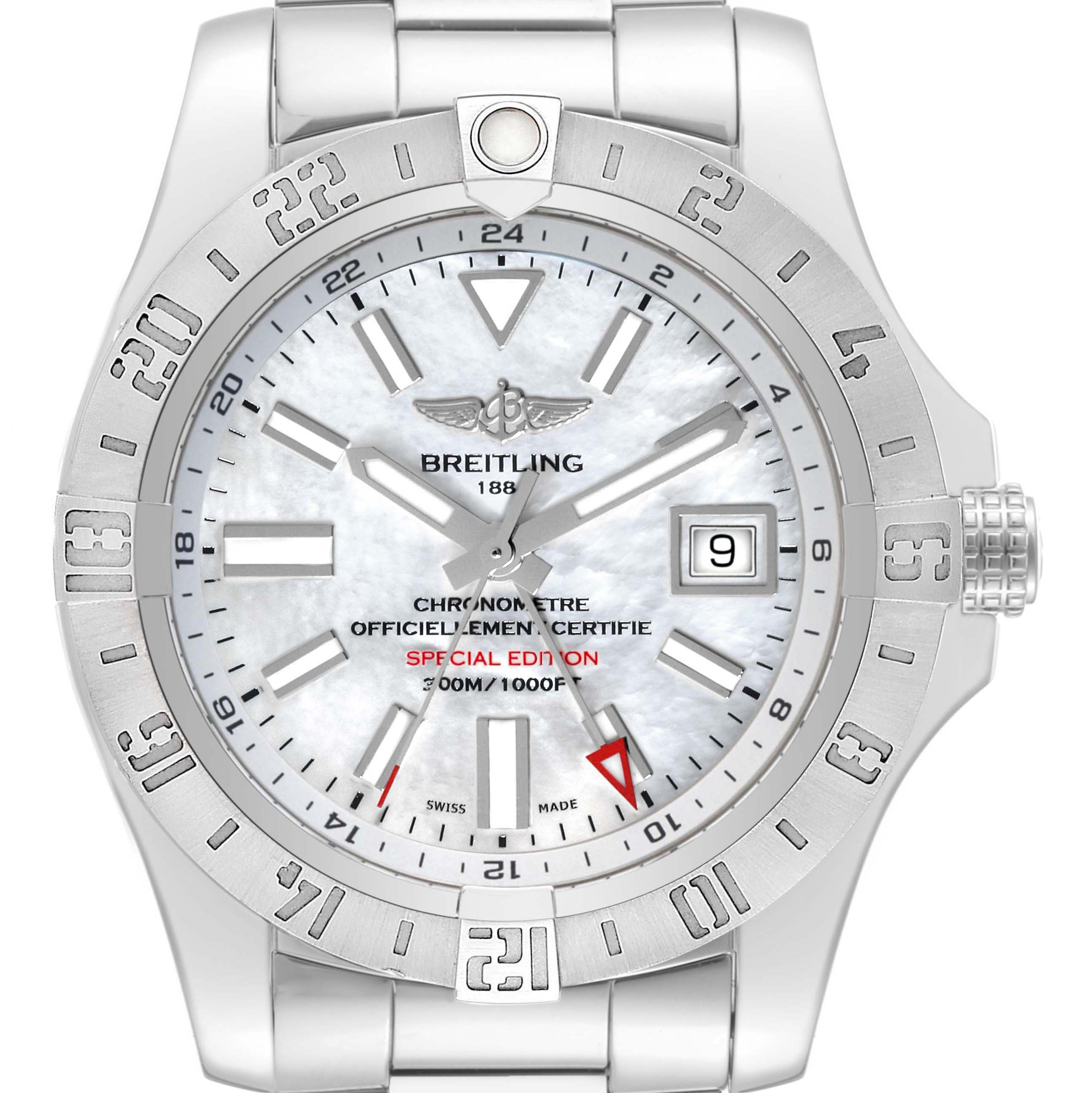 The image shows a front view of a Breitling Avenger A32390 Men's Stainless Steel Mother of Pearl Dial A32390 Men's Stainless Steel Mother of Pearl Dial watch, highlighting its dial, bezel, and date display.