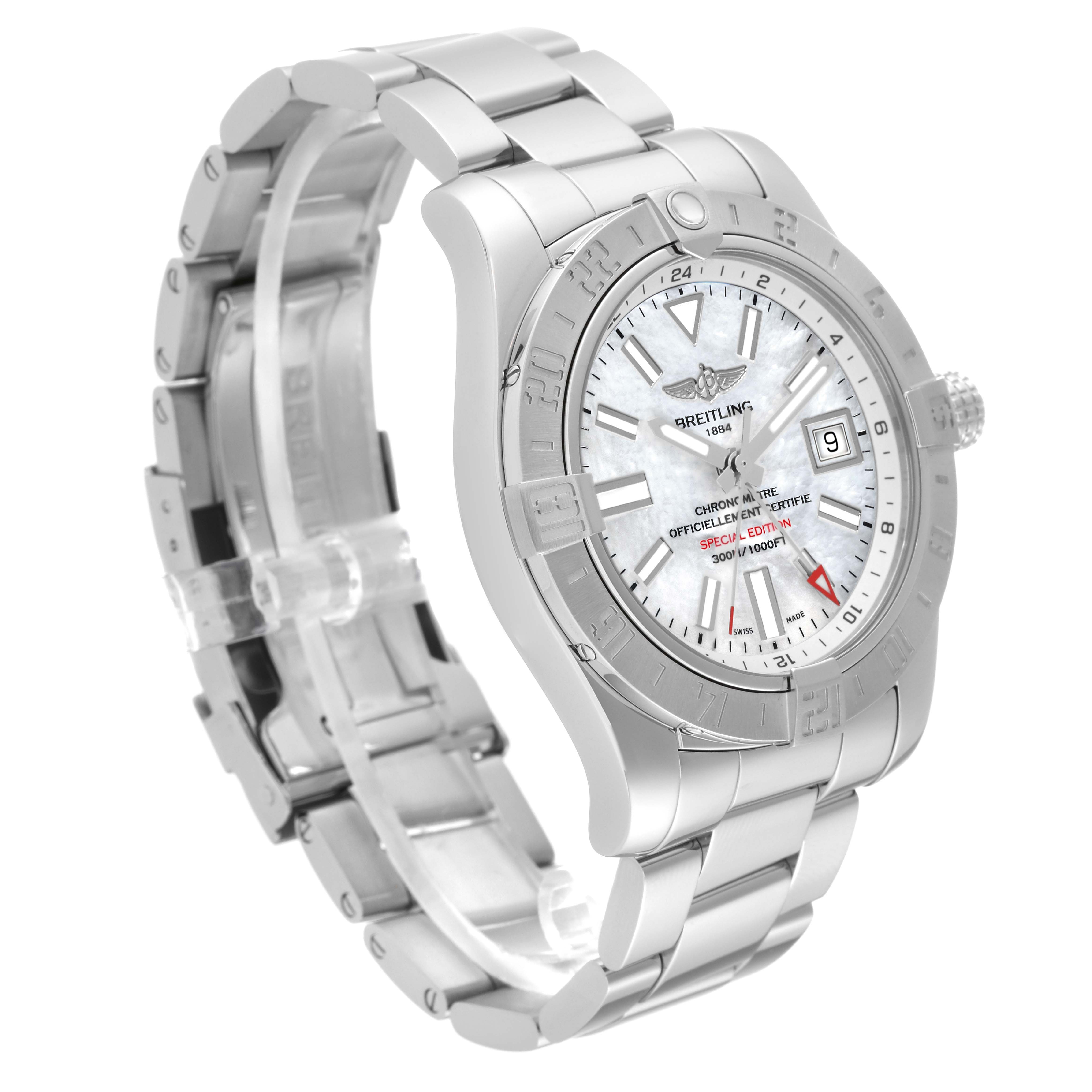 The Breitling Avenger A32390 Men's Stainless Steel Mother of Pearl Dial A32390 Men's Stainless Steel Mother of Pearl Dial watch is shown at a three-quarter angle, displaying the face, bezel, crown, and metal bracelet.
