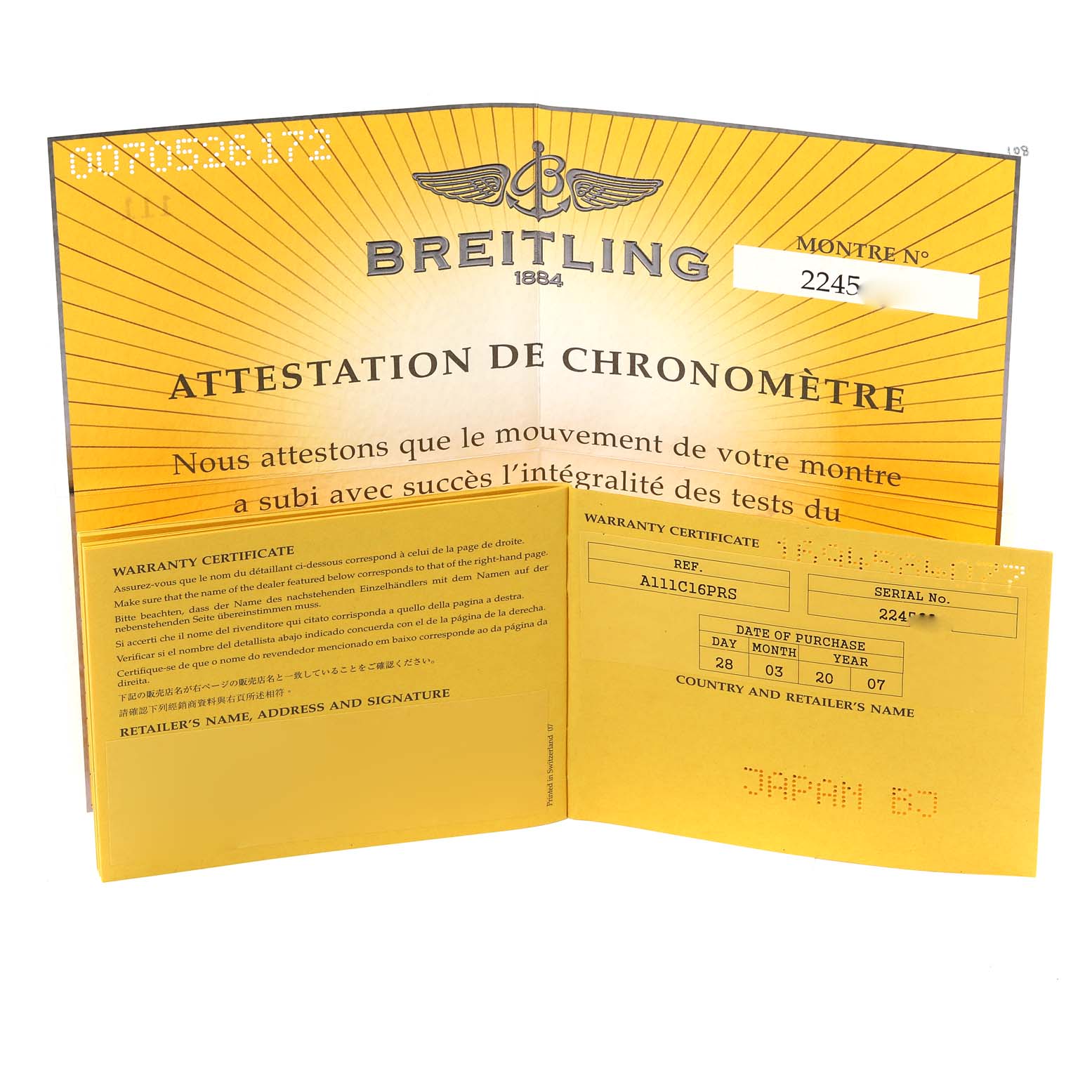 The image shows a warranty certificate booklet for the Breitling Superocean A111C16PRS Men's Stainless Steel Blue Dial A111C16PRS Men's Stainless Steel Blue Dial watch, opened to display purchase details.