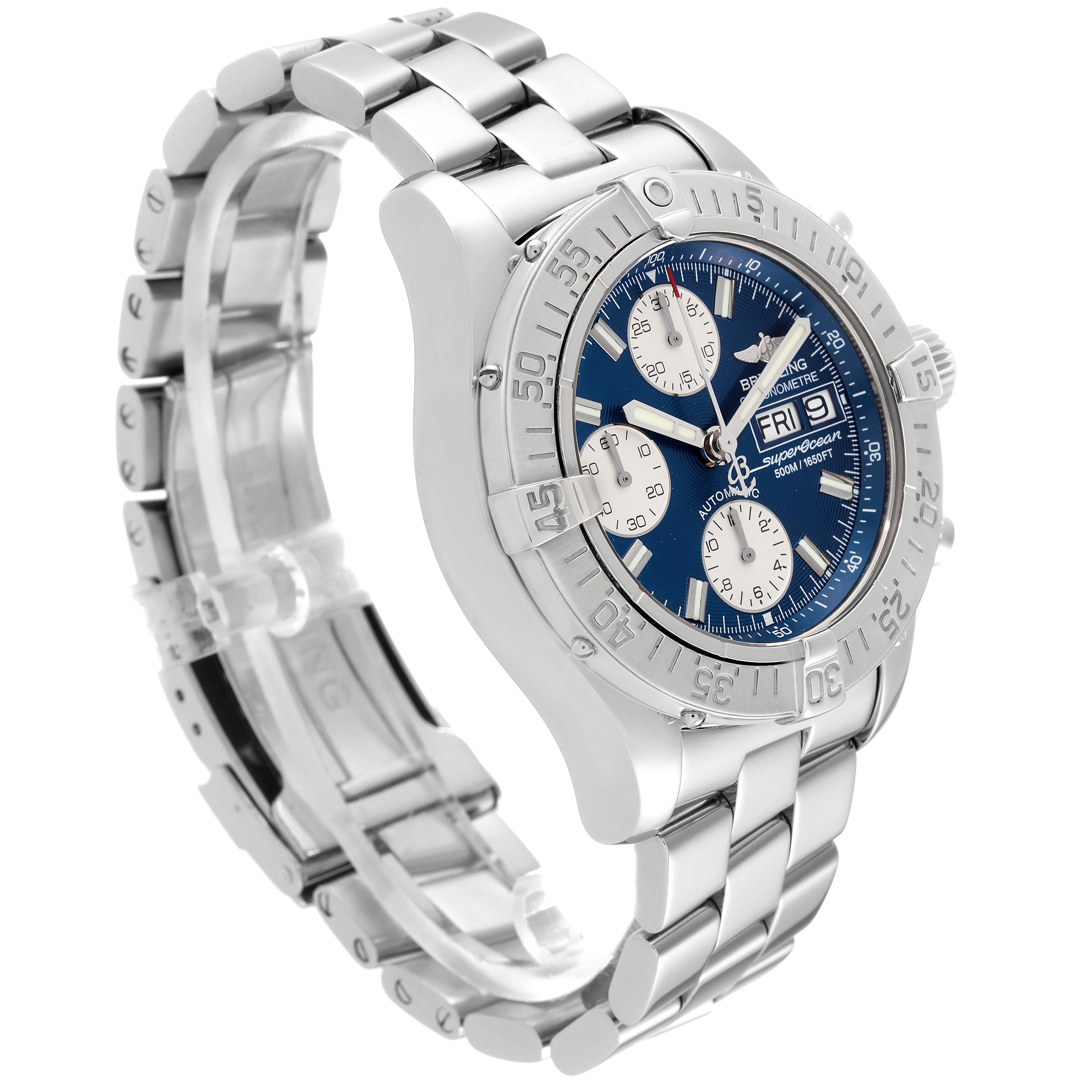 The Superocean model by Breitling is shown at an angle displaying the watch face, bezel, side buttons, and metal bracelet.