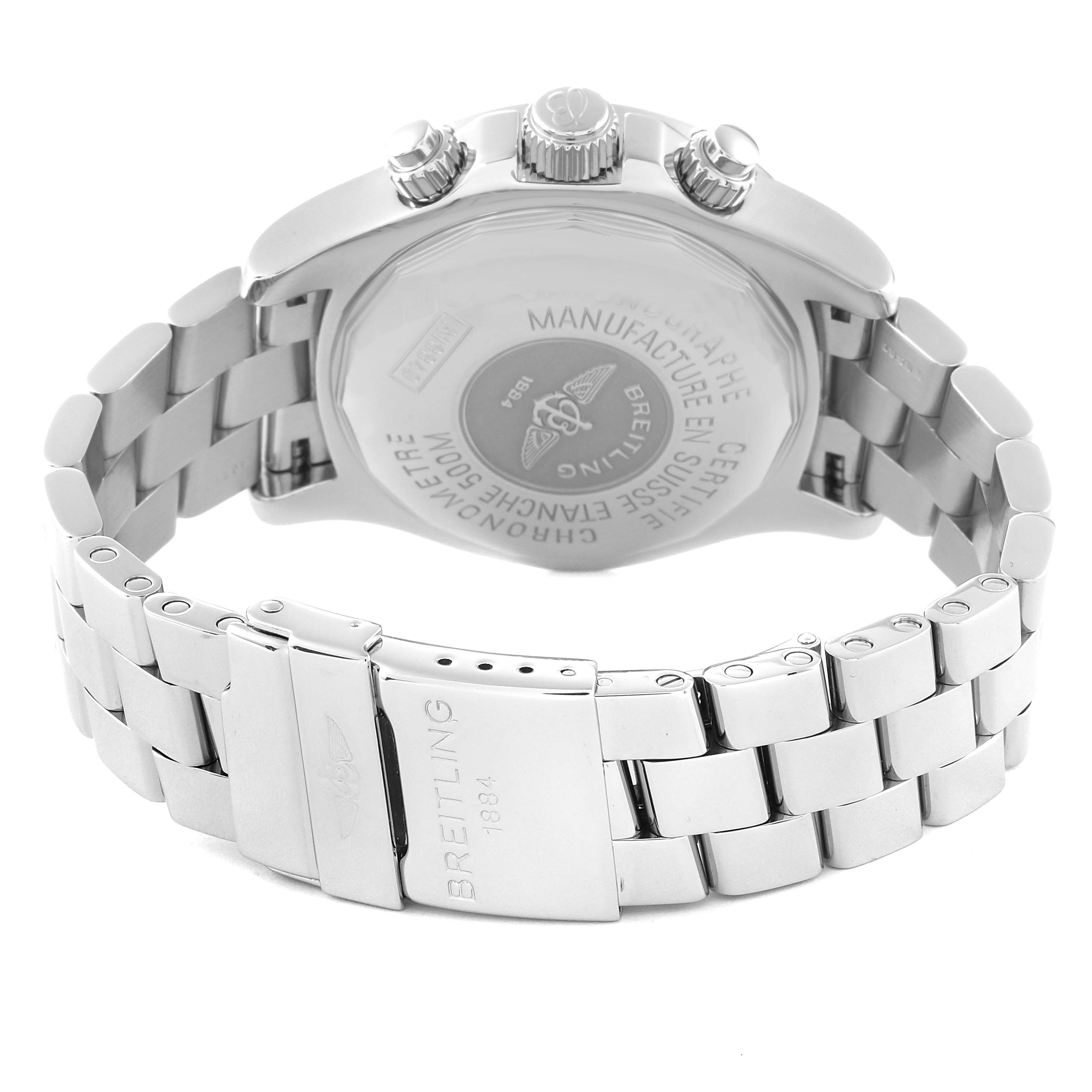 The image shows the back view of a Breitling Superocean A111C16PRS Men's Stainless Steel Blue Dial A111C16PRS Men's Stainless Steel Blue Dial watch, highlighting the case back, clasp, and metal bracelet.