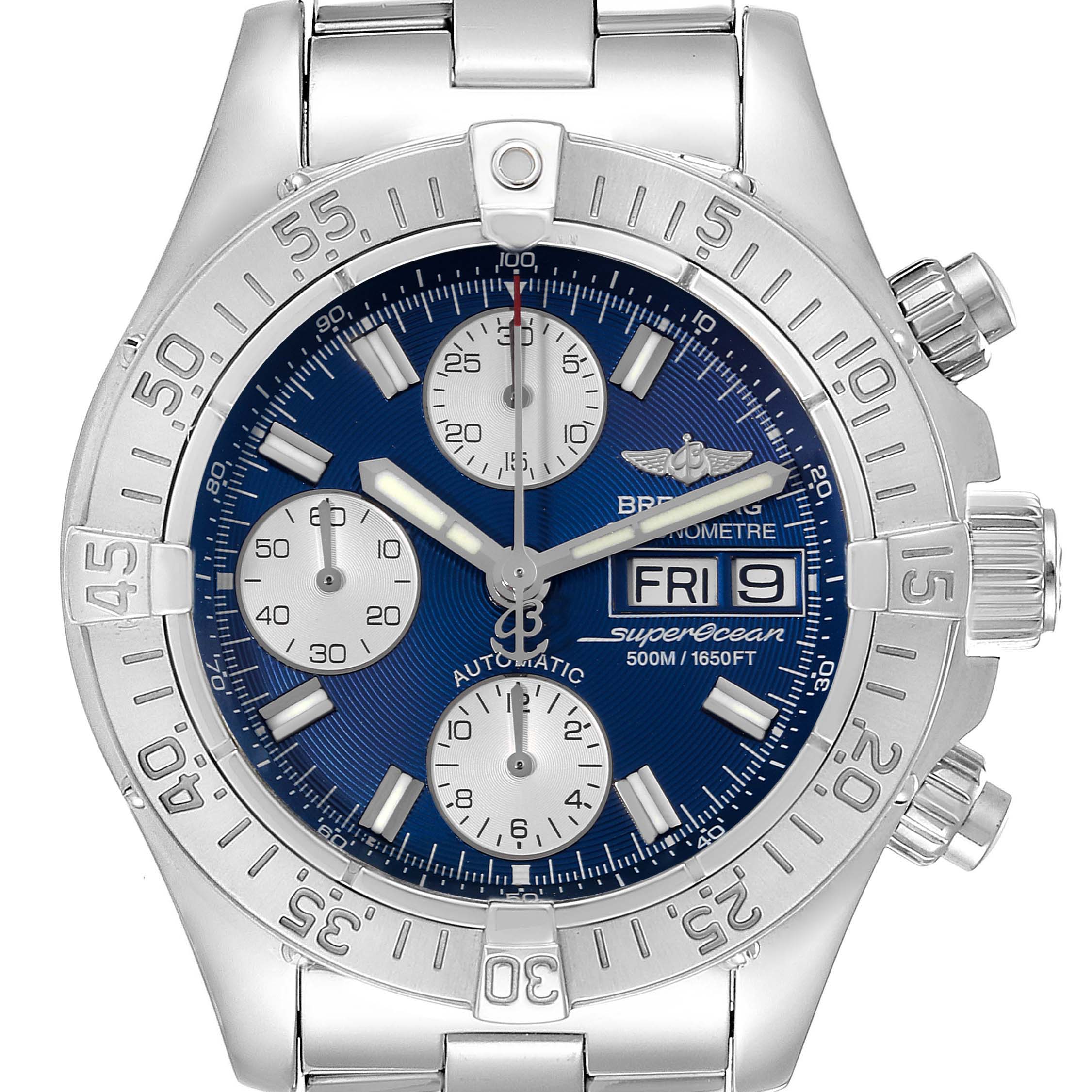The image shows a Breitling Superocean A111C16PRS Men's Stainless Steel Blue Dial A111C16PRS Men's Stainless Steel Blue Dial watch, front view, featuring a blue dial, chronograph subdials, date, and day display.