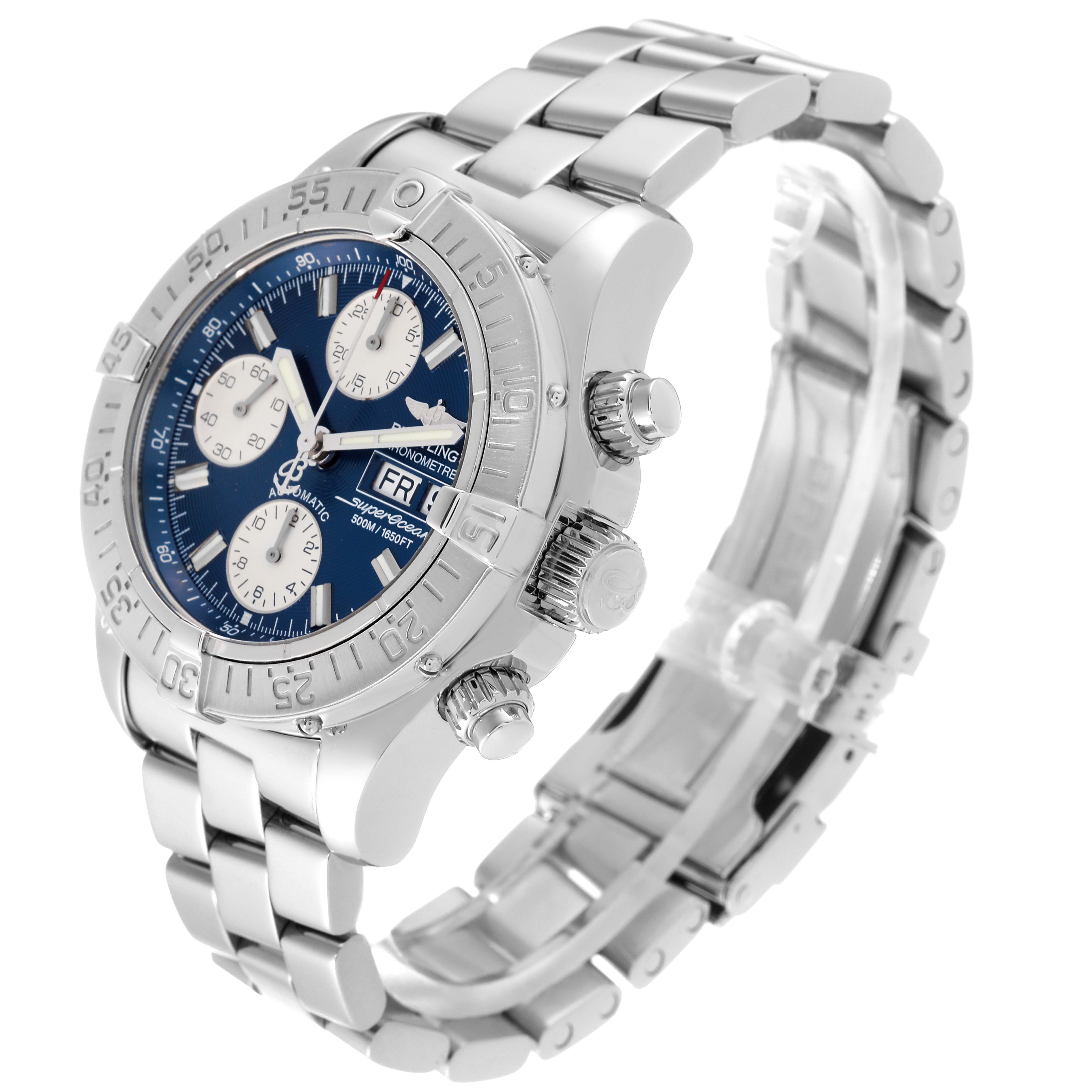 The image shows a Breitling Superocean A111C16PRS Men's Stainless Steel Blue Dial A111C16PRS Men's Stainless Steel Blue Dial watch at a three-quarter angle, displaying the face, bezel, and metal bracelet.