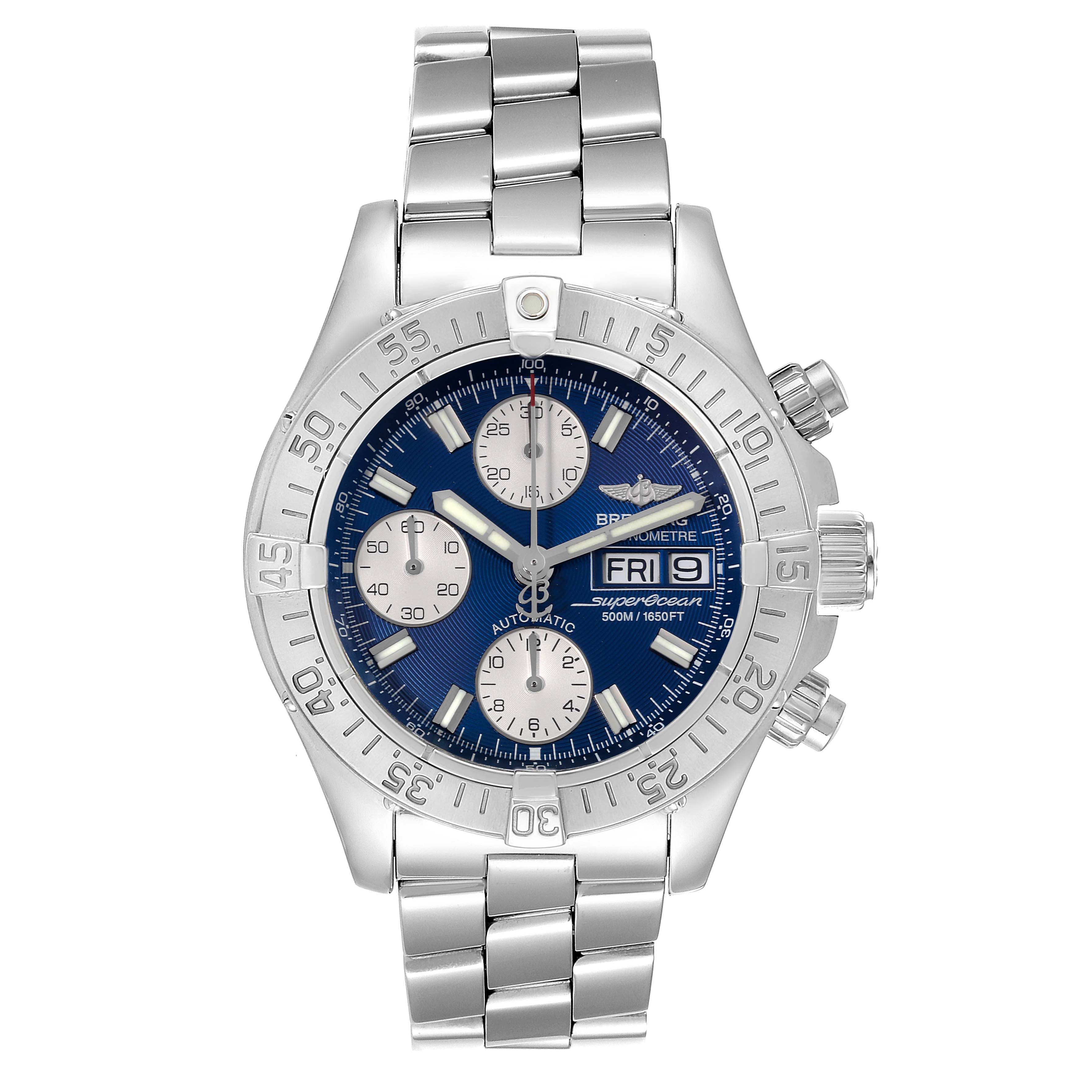 This image shows a Breitling Superocean A111C16PRS Men's Stainless Steel Blue Dial A111C16PRS Men's Stainless Steel Blue Dial watch from a front angle, displaying the face, bezel, crown, and stainless steel bracelet.
