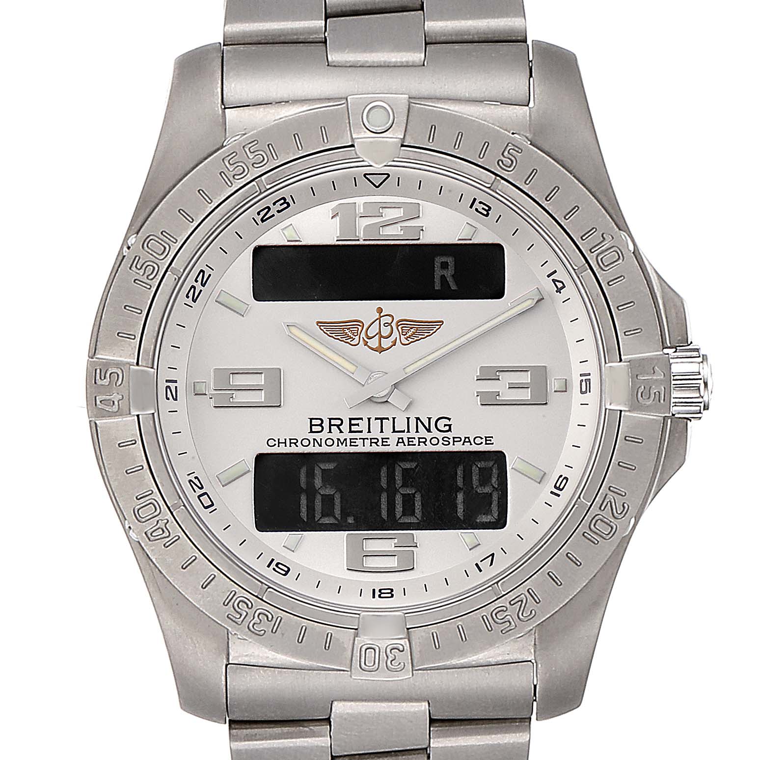 This image shows a front view of a Breitling Professional Series E7936210 Men's Titanium Silver Dial E7936210 Men's Titanium Silver Dial Chronometre Aerospace watch, highlighting the dial, digital displays, bezel, and bracelet.