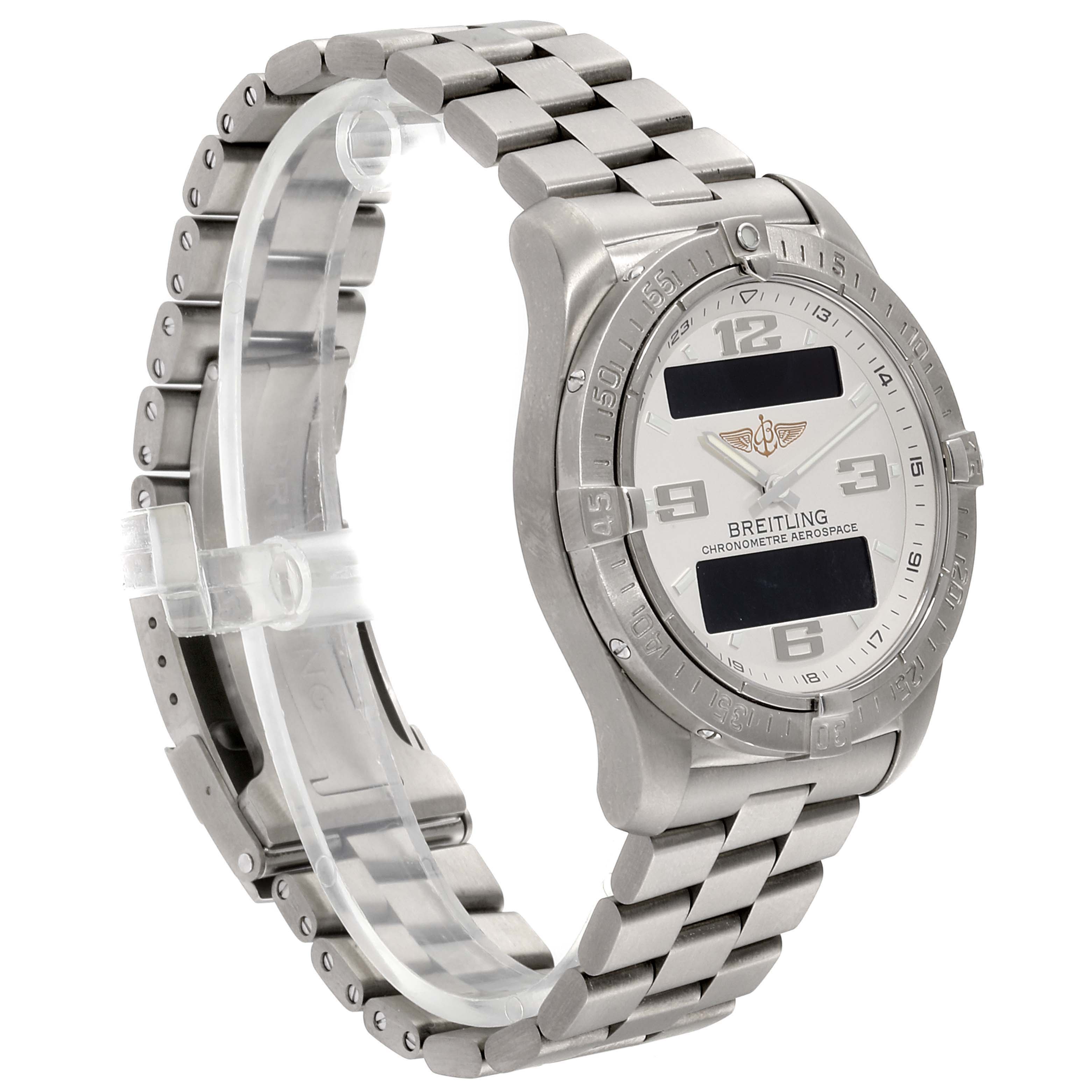 The image shows a Breitling Professional Series E7936210 Men's Titanium Silver Dial E7936210 Men's Titanium Silver Dial watch from an angled side view, highlighting the face, bezel, and metal bracelet.